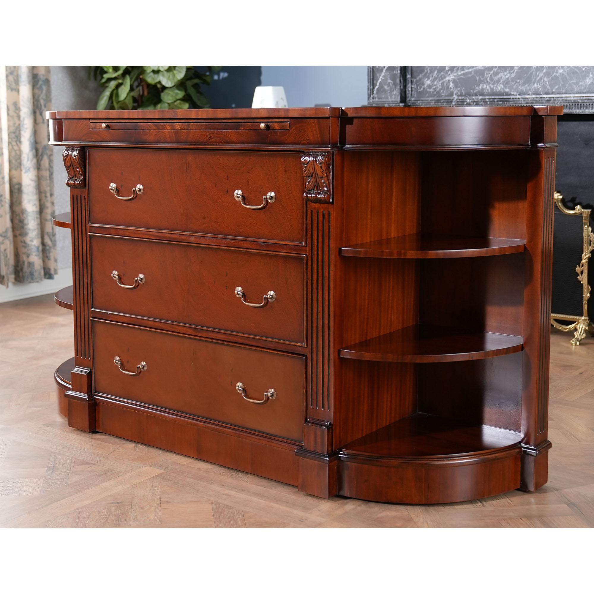 Hand-Carved Mahogany Credenza with Pullout Slide For Sale