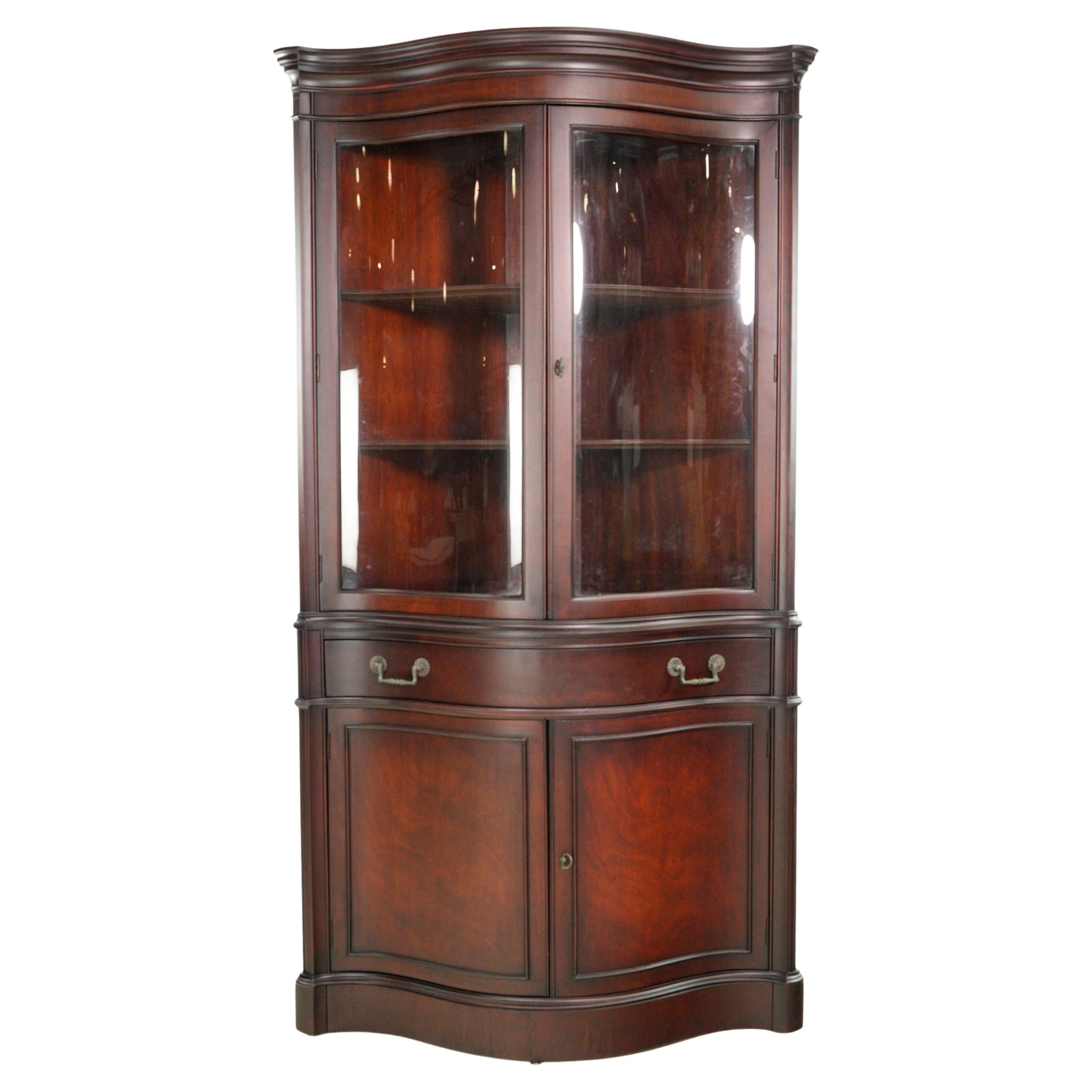 Mahogany Curved Glass Doors Corner Cabinet