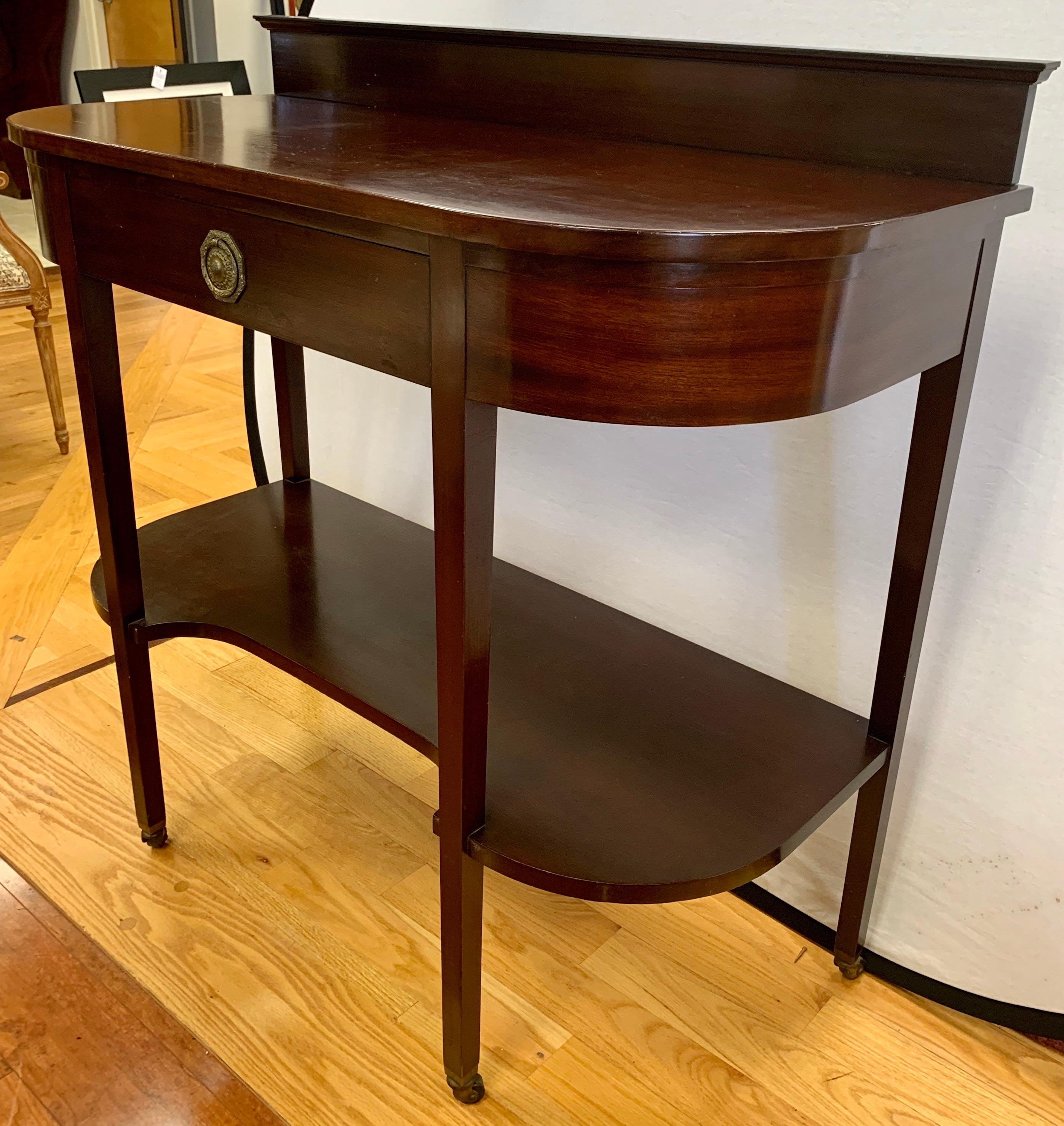 Vintage mahogany curved tiered console buffet featuring one-drawer. Sold through Boston's Paine Furniture. Great lines and better scale.