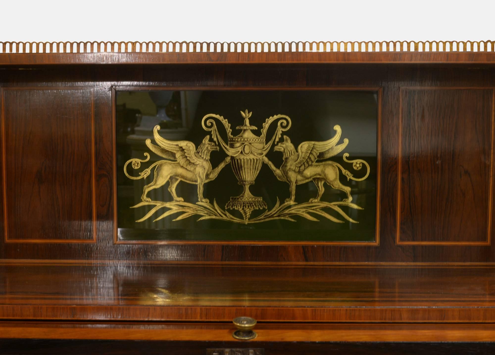 19th Century Mahogany Cylinder Desk with Églomisé Panel For Sale
