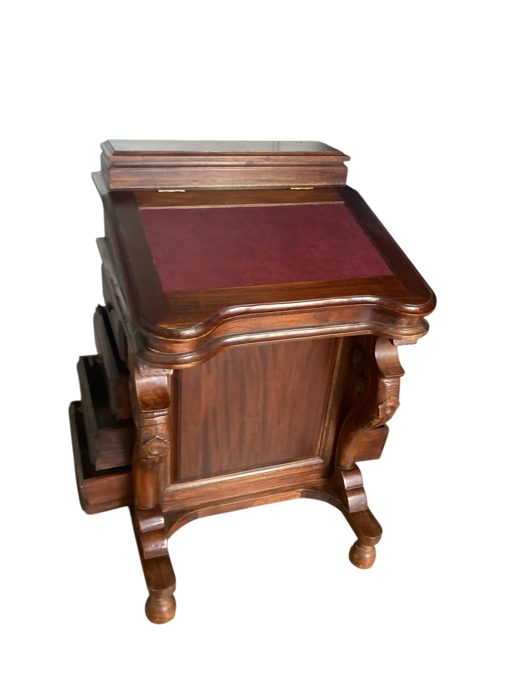 Mahogany Davenport Desk or Bureau With Faux Red Leather Sloped Writing area. For Sale 4