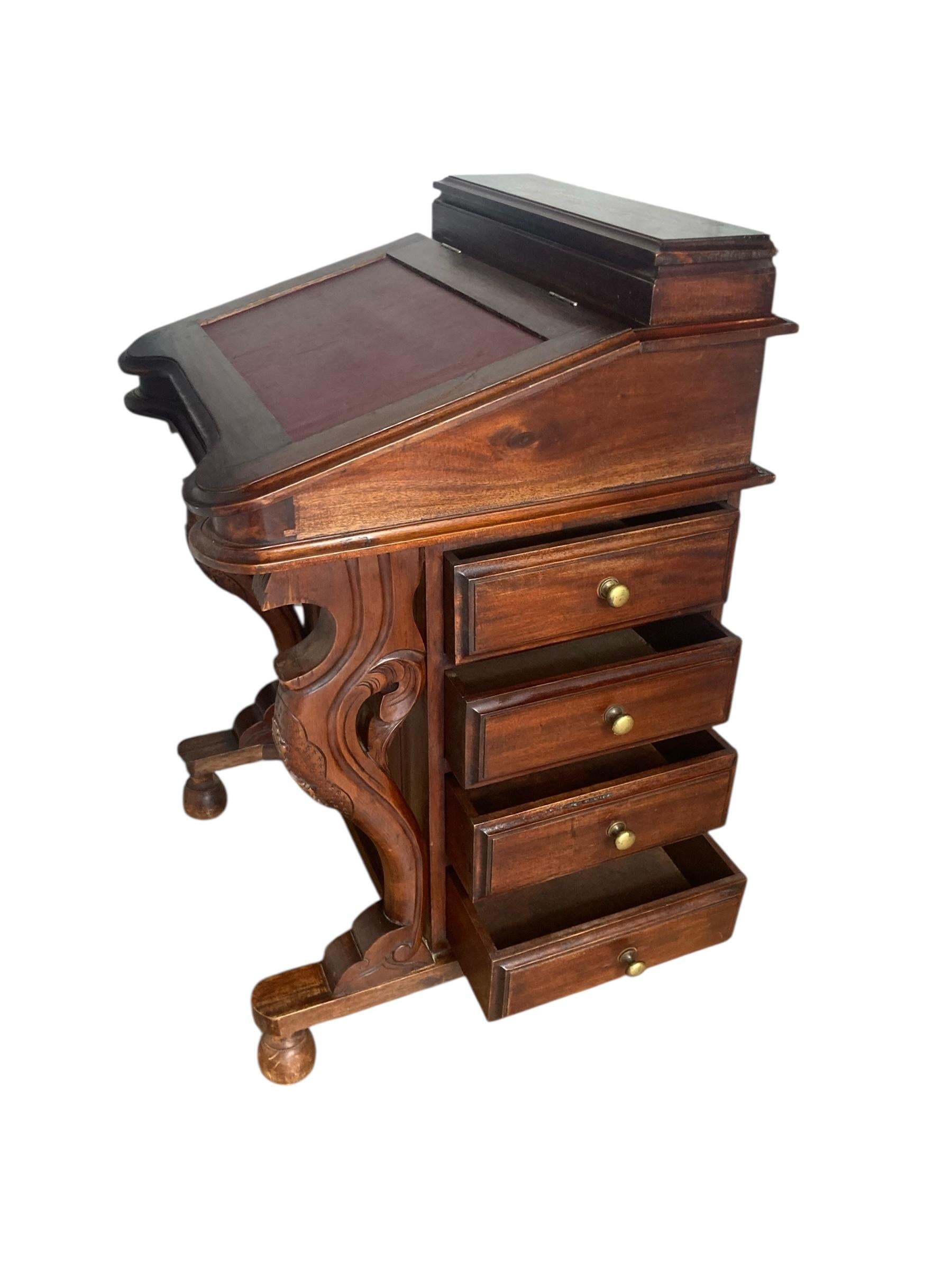 Mahogany Davenport Desk or Bureau With Faux Red Leather Sloped Writing area. For Sale 5