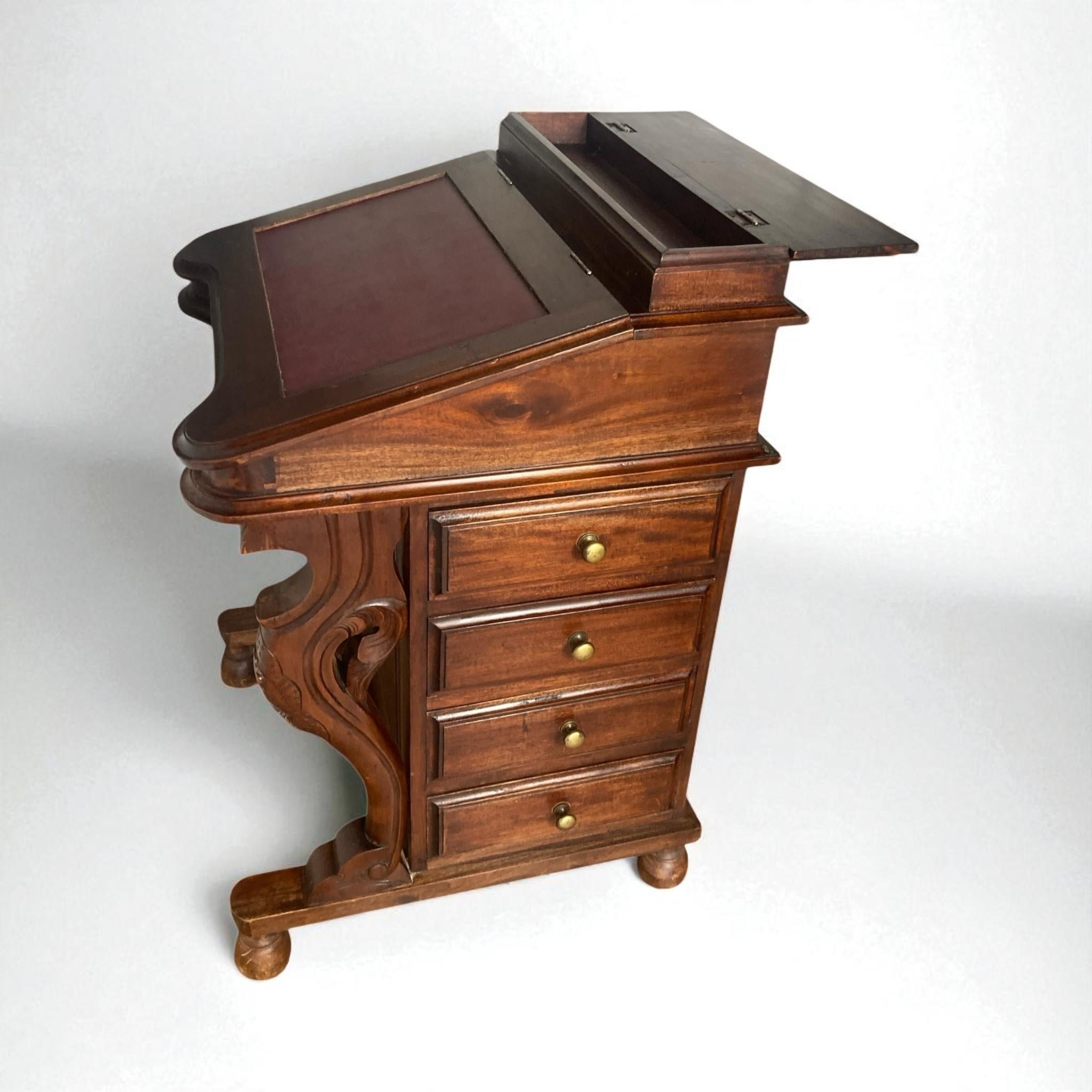 Mahogany Davenport Desk or Bureau With Faux Red Leather Sloped Writing area. For Sale 9