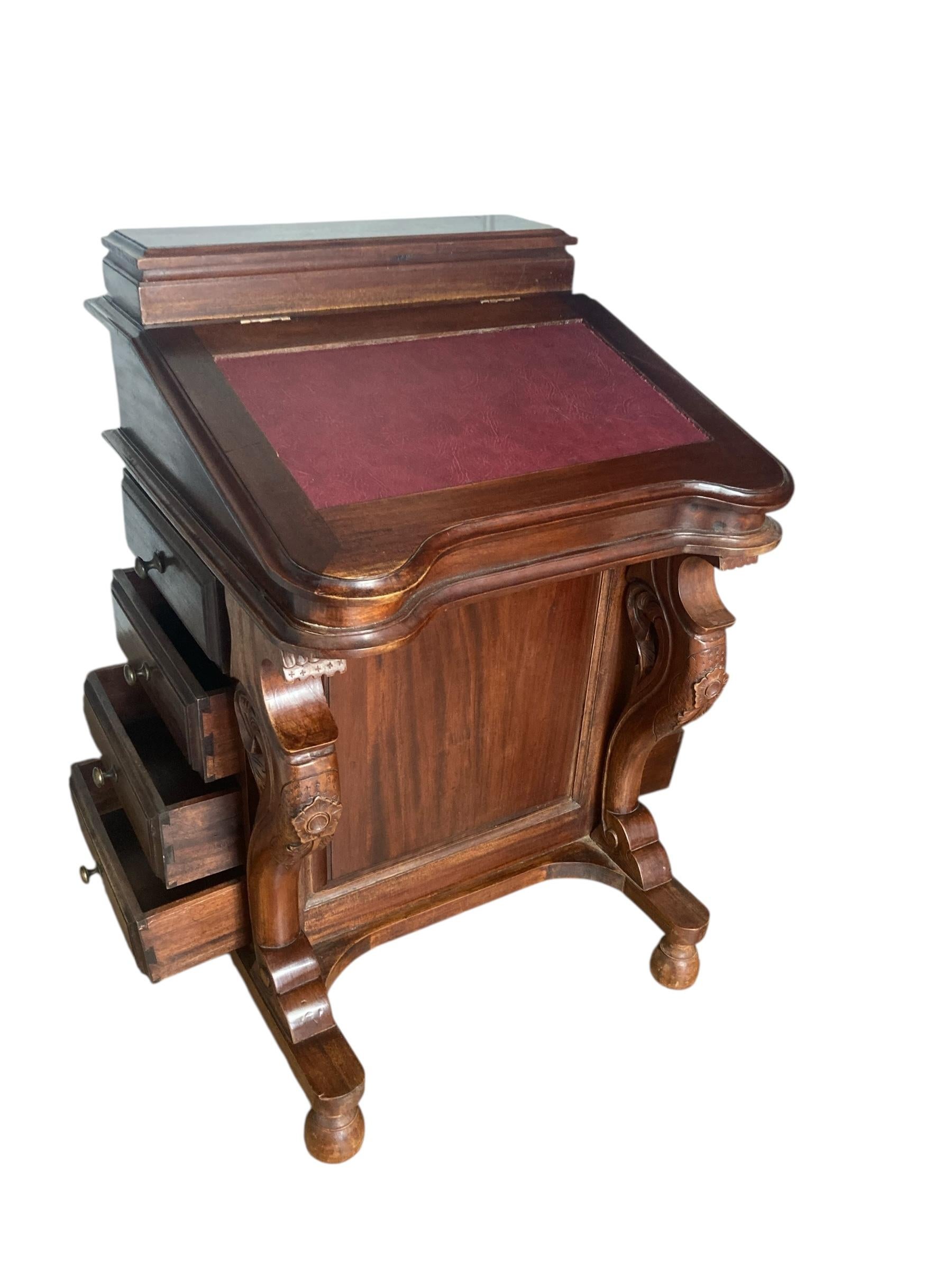 Mahogany Davenport Desk or Bureau With Faux Red Leather Sloped Writing area. For Sale 3