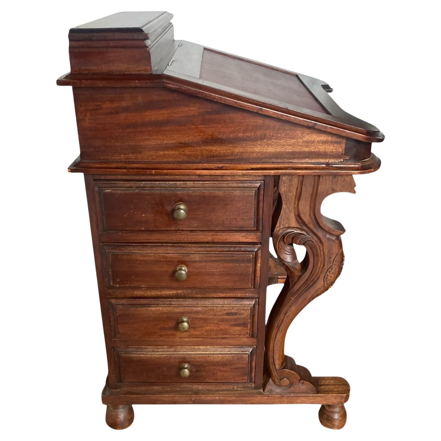 Mahogany Davenport Desk or Bureau With Faux Red Leather Sloped Writing area. For Sale