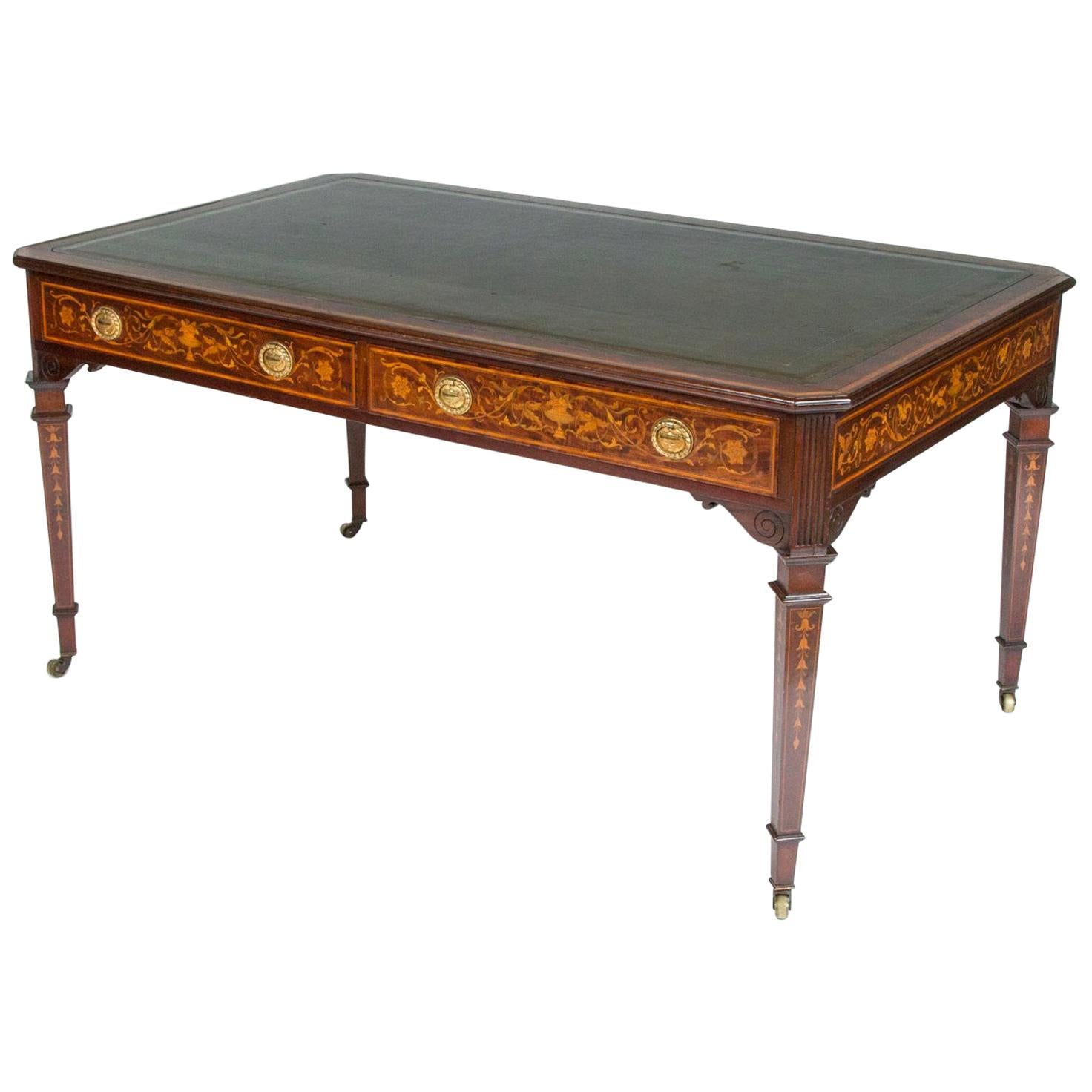 Mahogany writing table with detailed floral marquetry & carved decoration For Sale