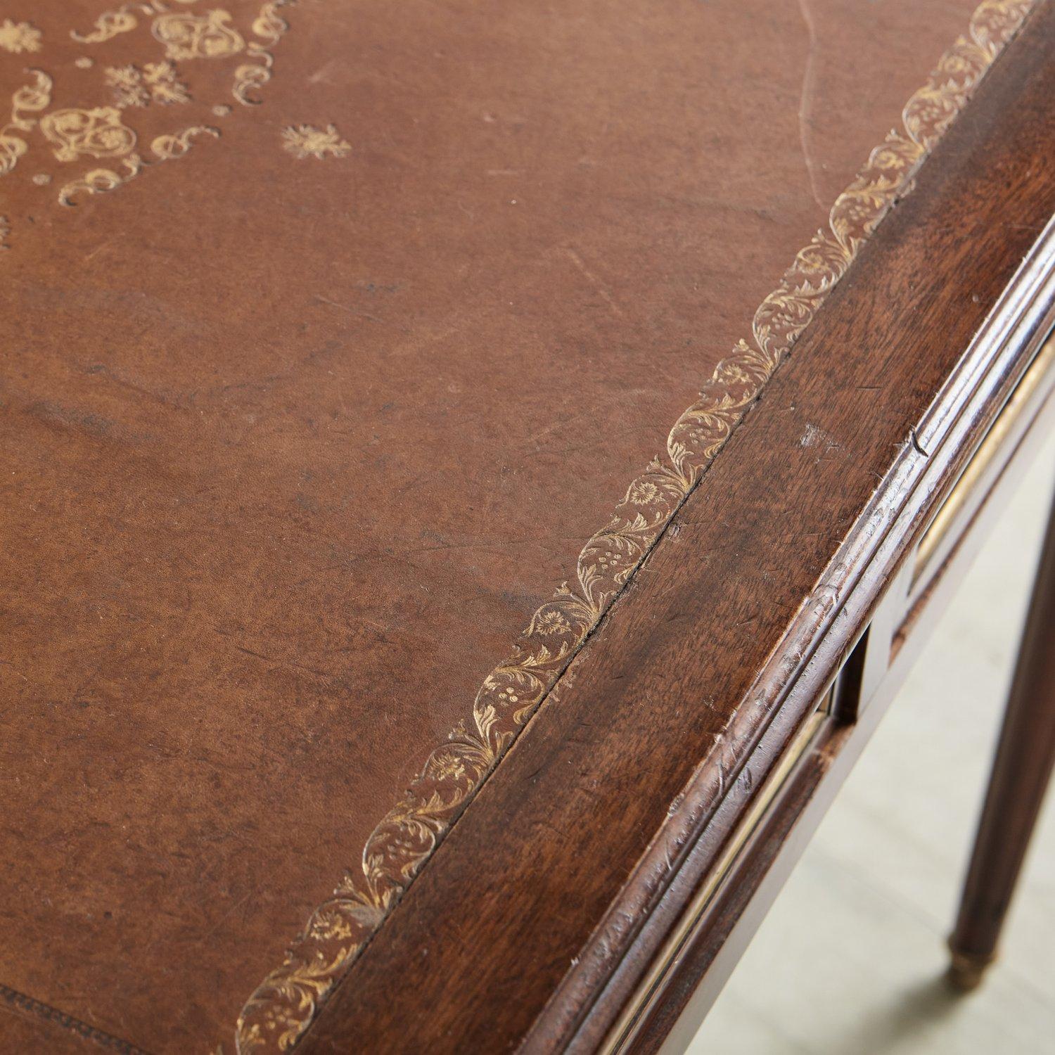 Mahogany Desk With Inlaid Leather Top and Gold Leaf Details, Early 20th Century 4