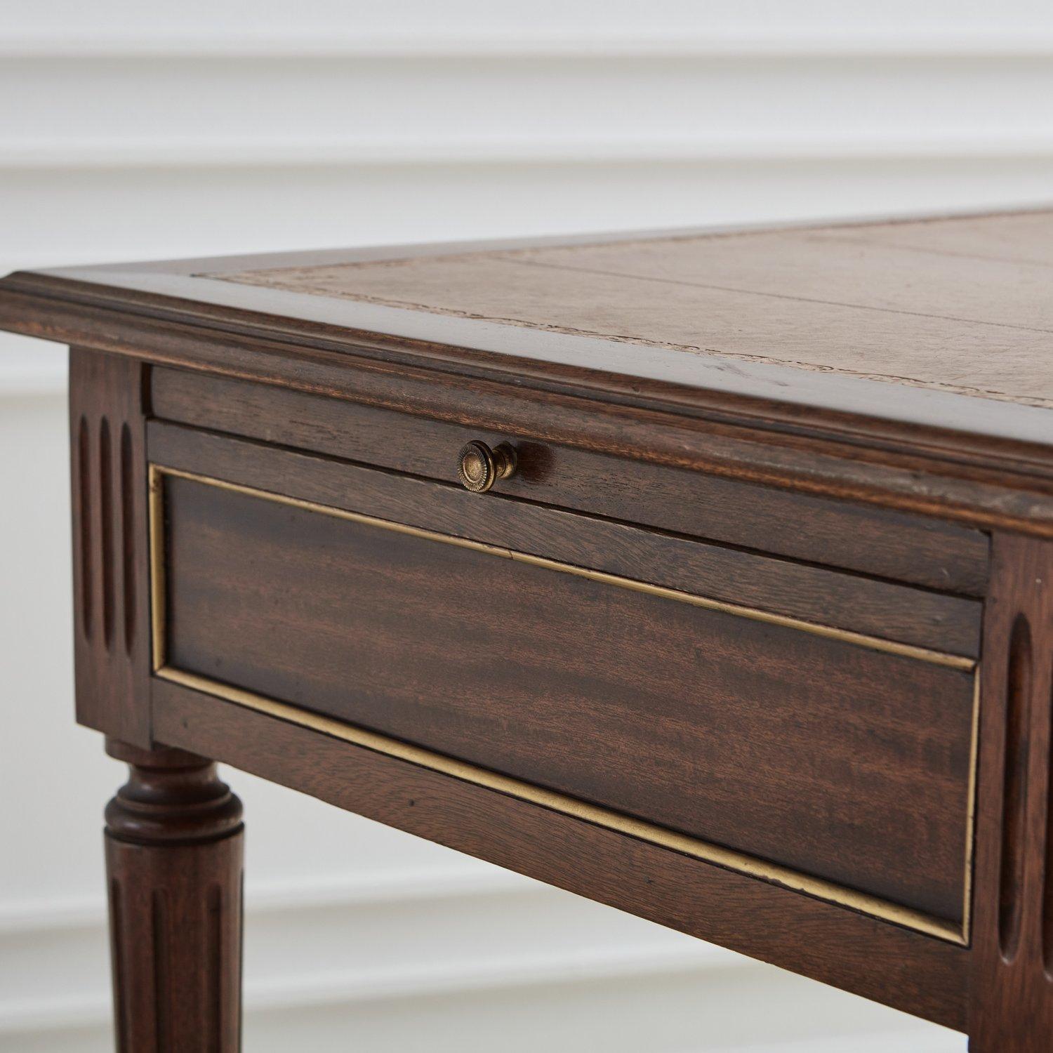 Mahogany Desk With Inlaid Leather Top and Gold Leaf Details, Early 20th Century 12
