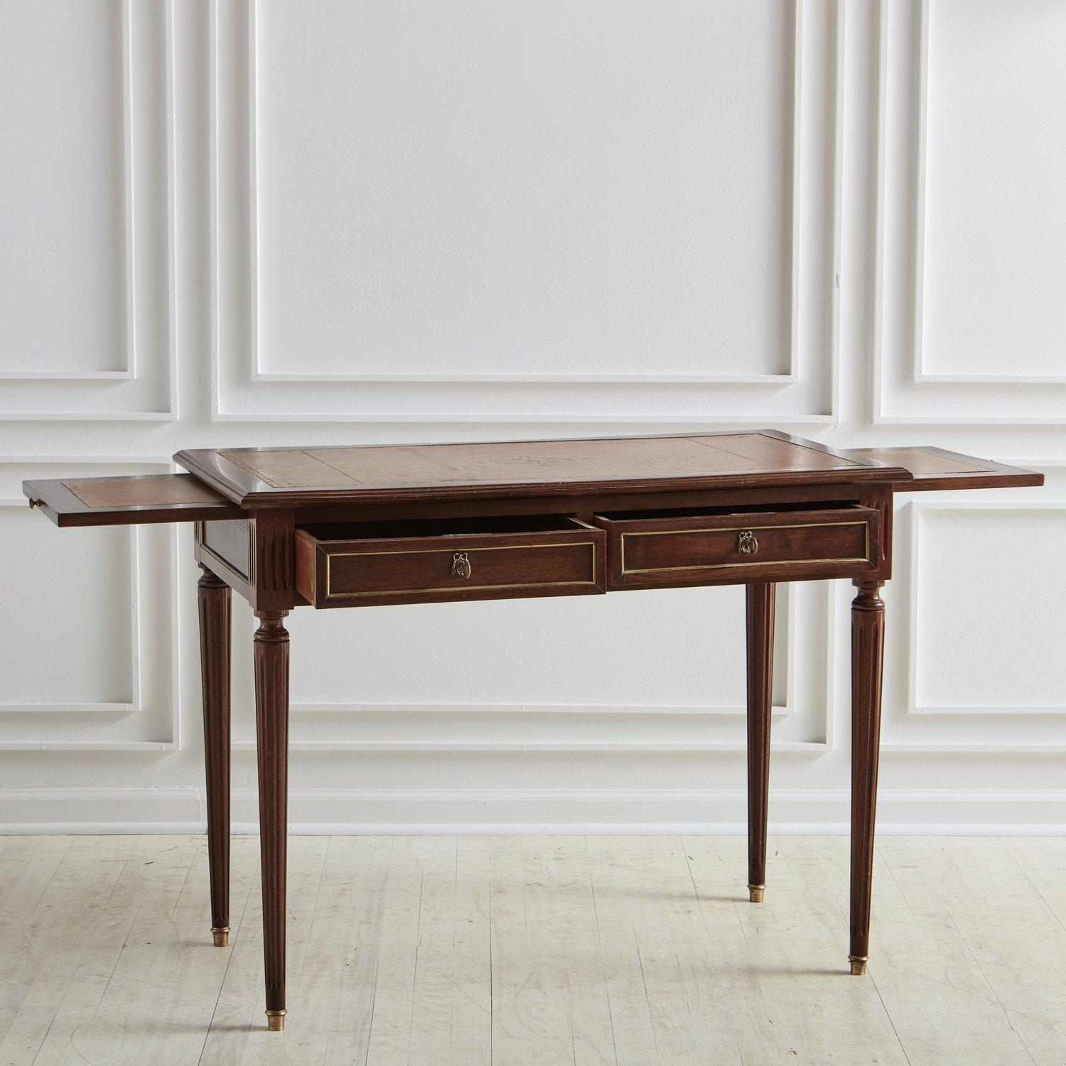 French Mahogany Desk With Inlaid Leather Top and Gold Leaf Details, Early 20th Century