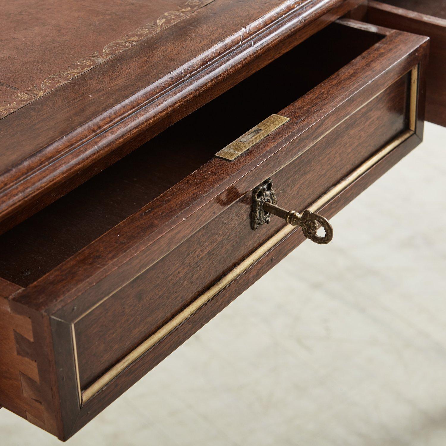 Brass Mahogany Desk With Inlaid Leather Top and Gold Leaf Details, Early 20th Century
