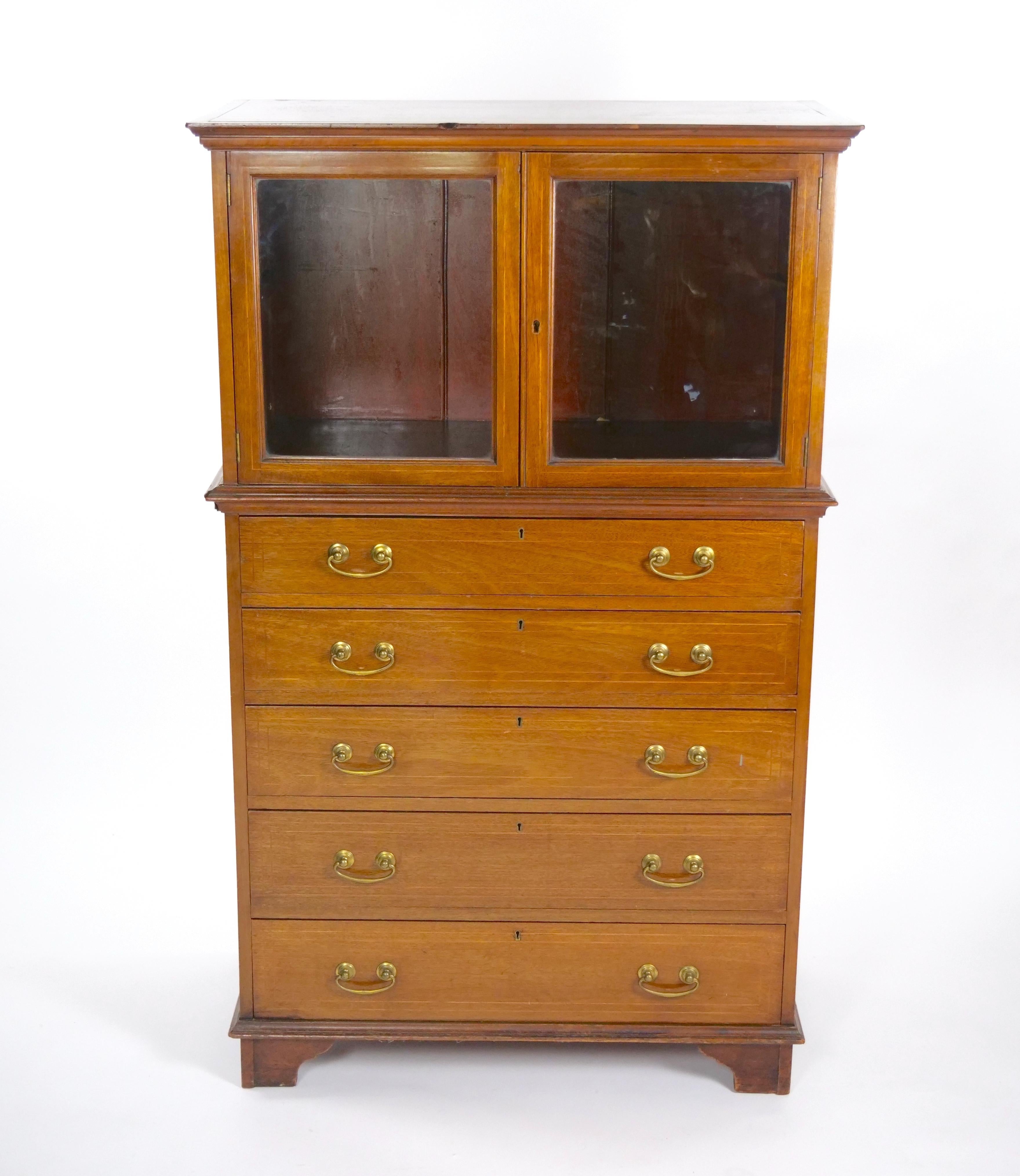 Mahogany Display Cabinet With Five Pull Front Drawers For Sale 7