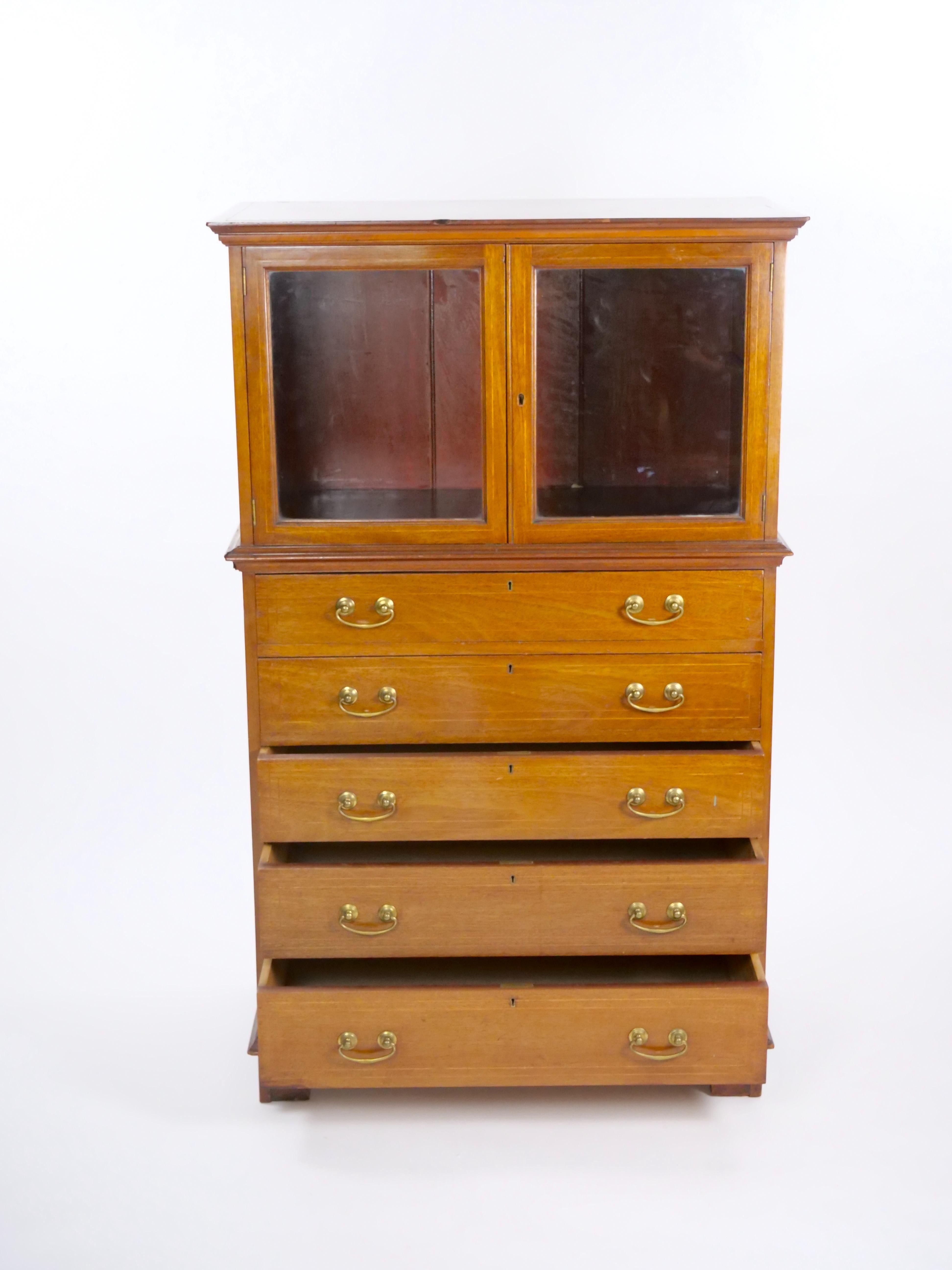 American Craftsman Mahogany Display Cabinet With Five Pull Front Drawers For Sale