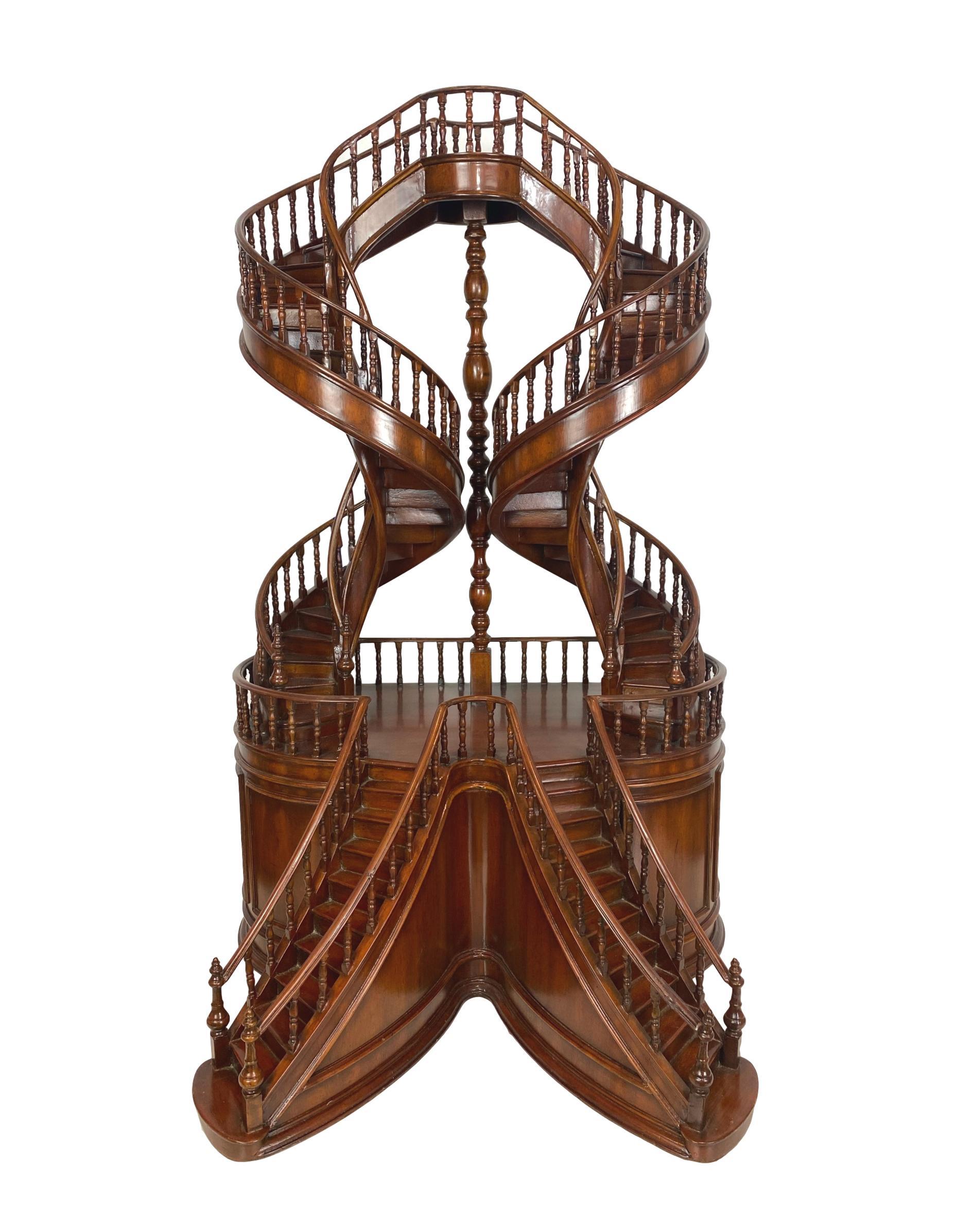 Mahogany double staircase architectural model maquette, English, late-20th century, highly elaborate and detailed, with rare curved and raised paneled mahogany base, complete with skirting board and molding. Highest quality craftsmanship possible,
