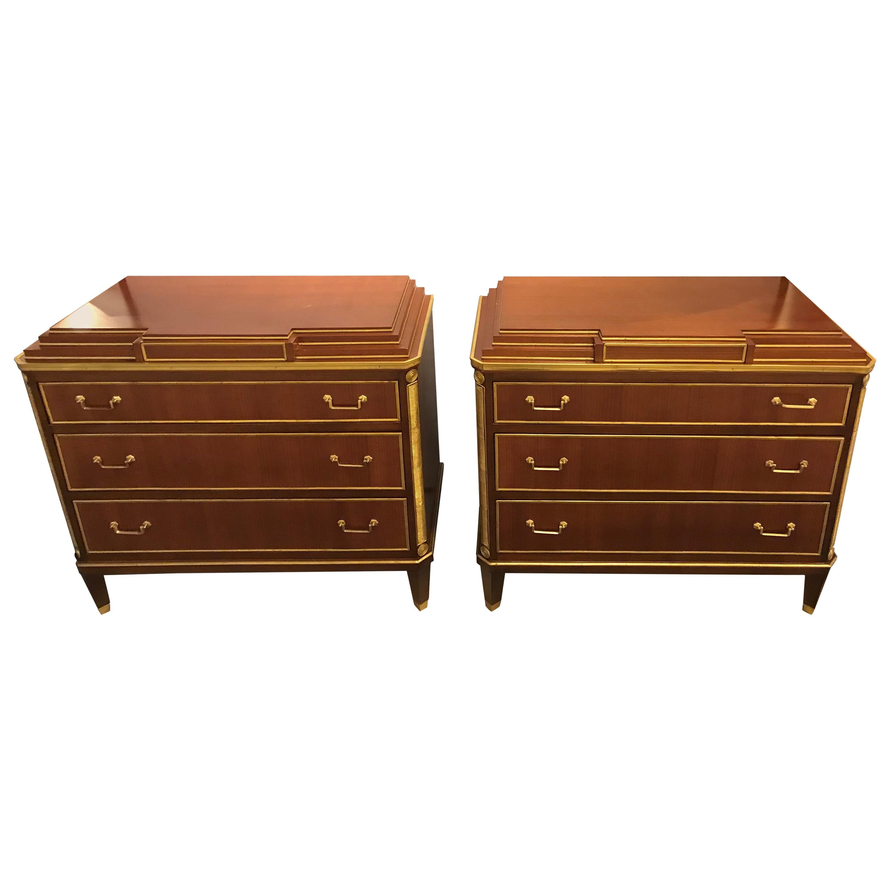 Mahogany Double Step Up Russian Neoclassical Style Commodes / Night Stands, Pair