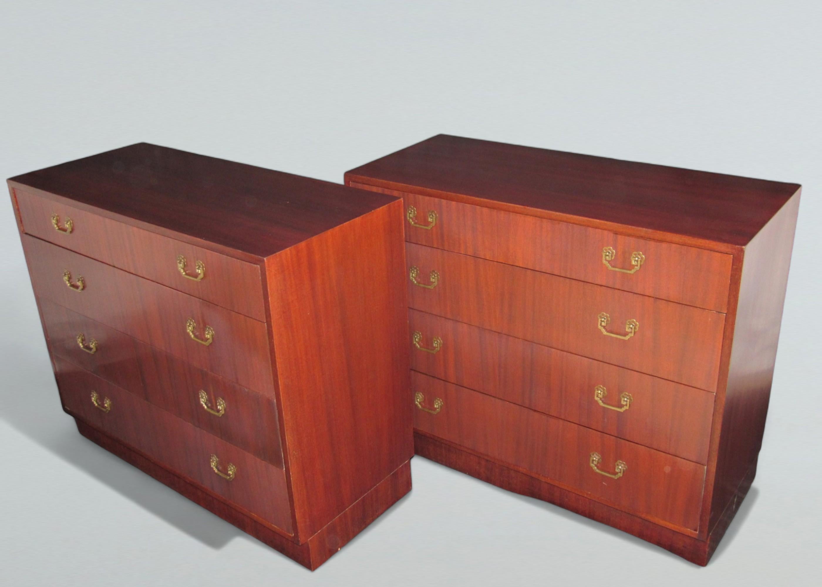 A matched pair of four-drawer Mahogany dressers from the 1940s.
Measures: The set back bases are 4 inches high.
The dressers are in excellent condition.