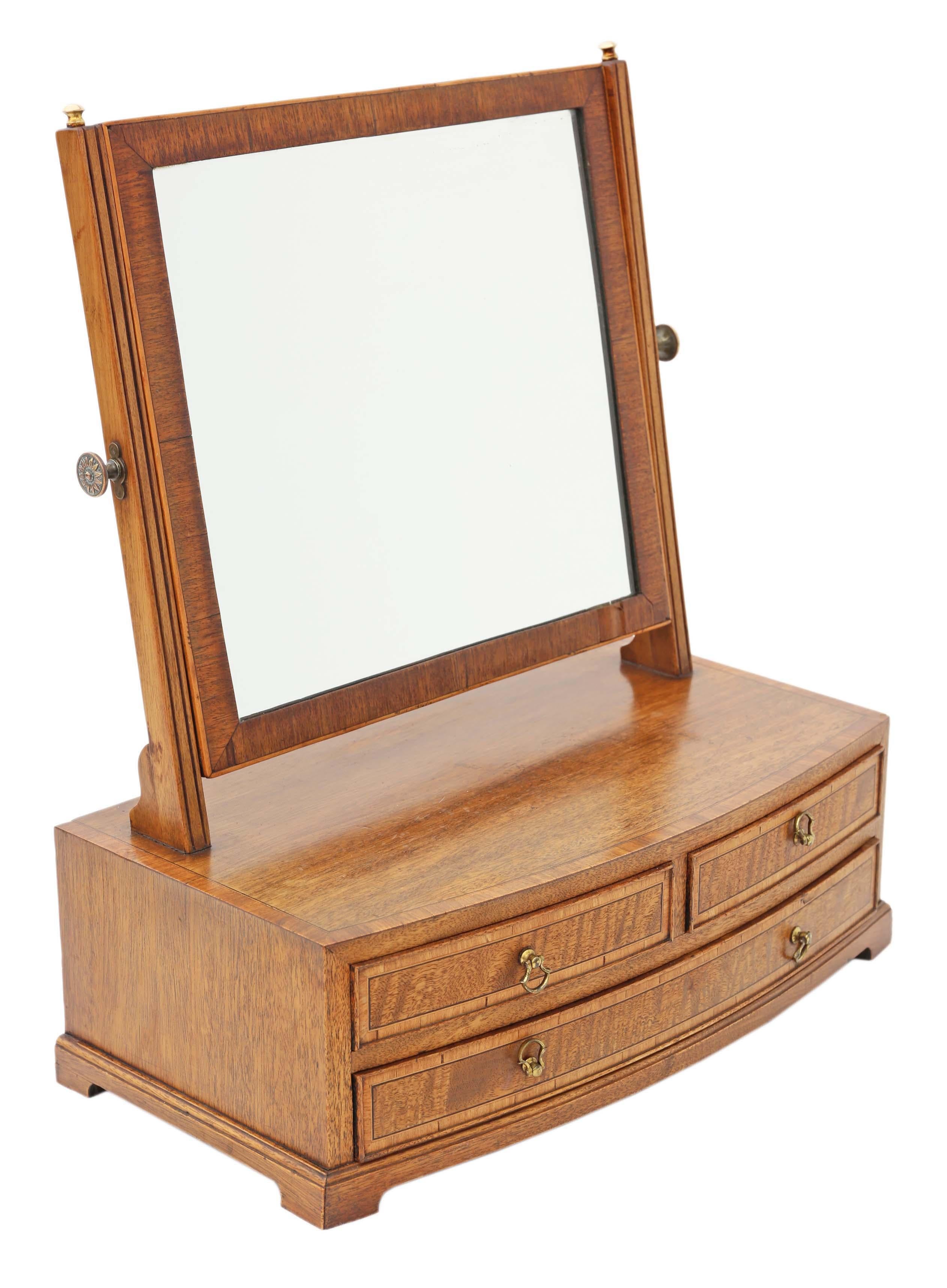 Mahogany dressing table swing mirror toilet 19th century. The mirror holds position well.
Solid and strong, with no loose joints. The mirror is in good order with only very light oxidation. The mahogany lined drawers slide freely.
Would look great