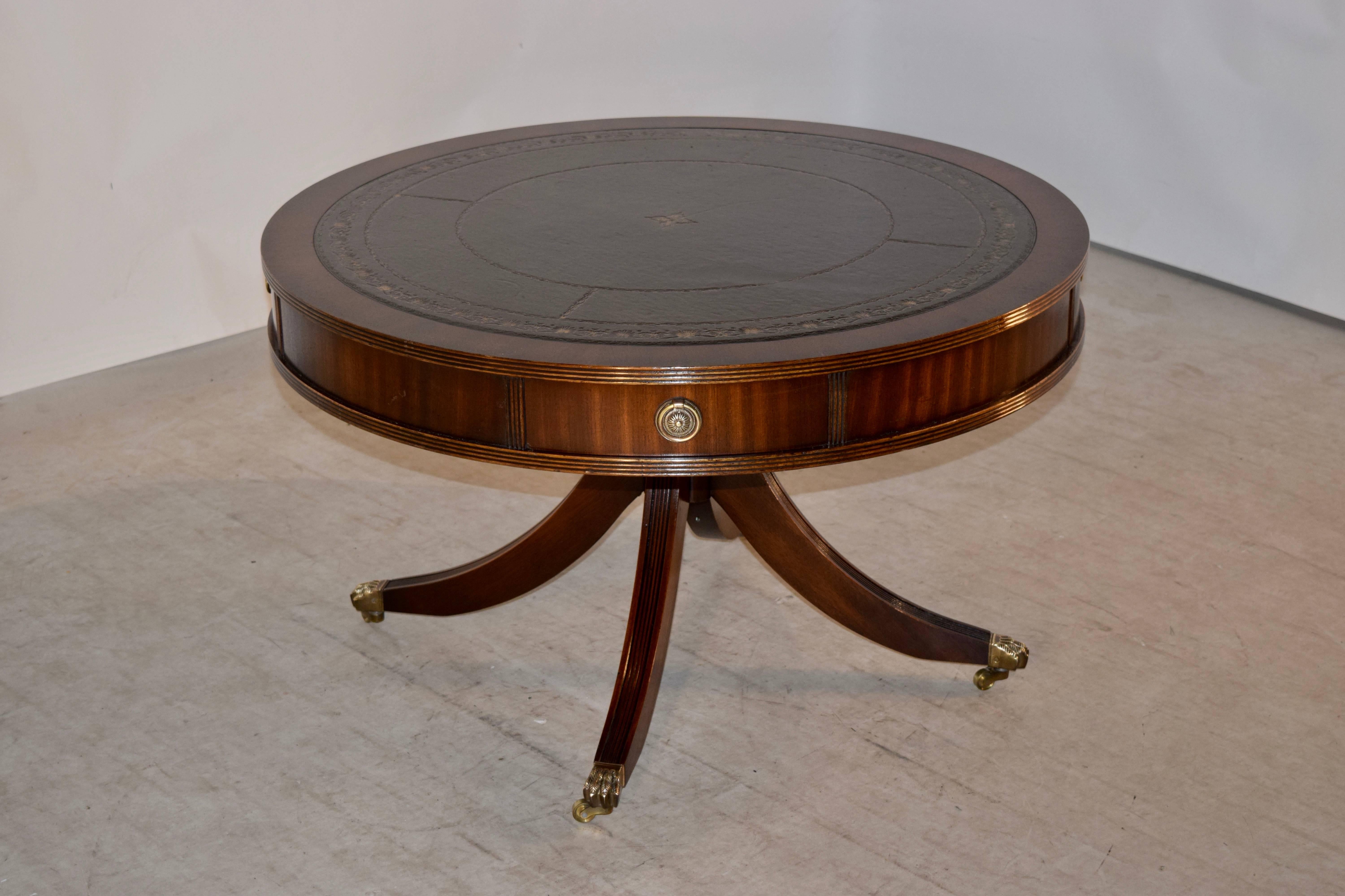 Sheraton Mahogany Drum Coffee Table with Leather Top