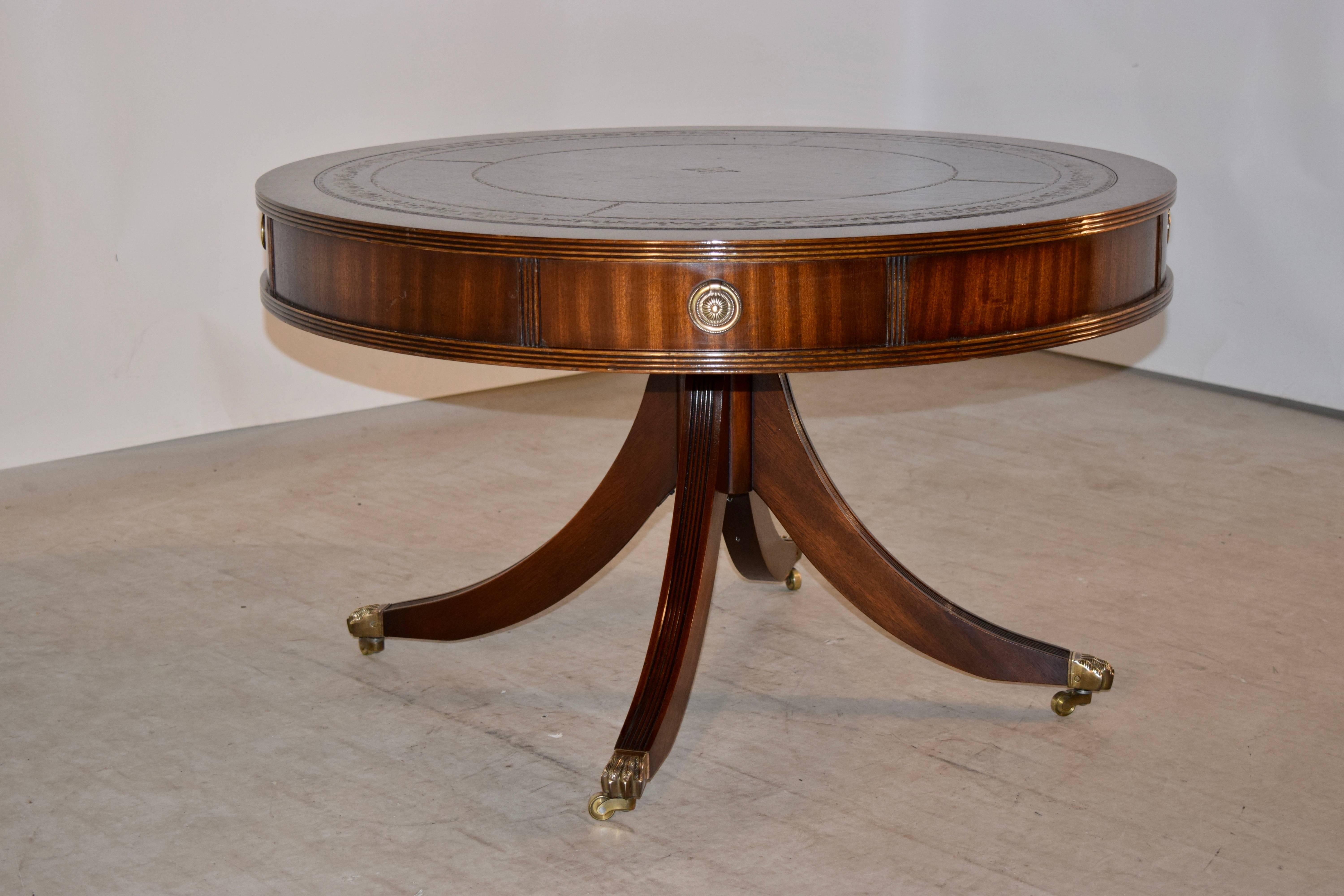 English Mahogany Drum Coffee Table with Leather Top