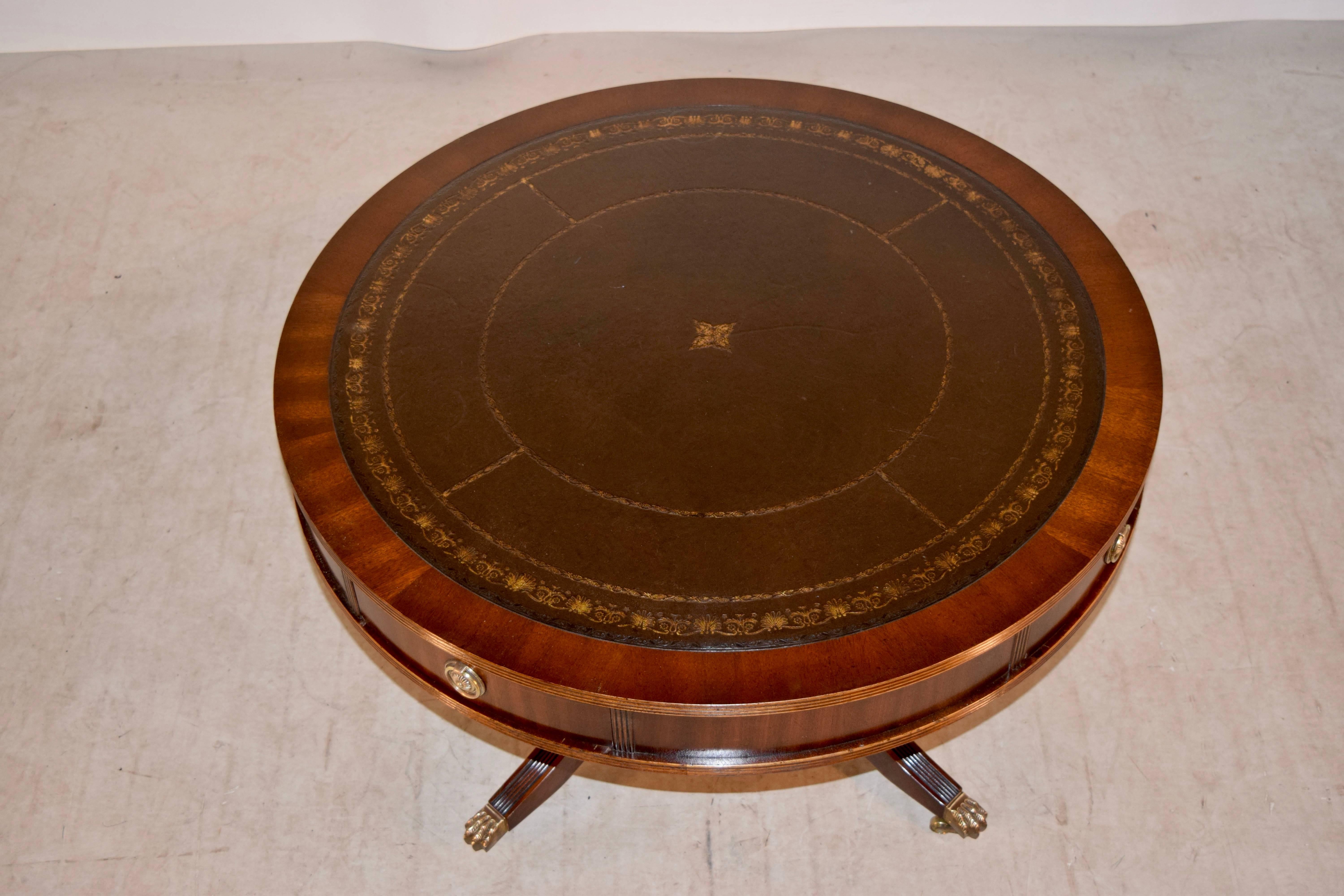 Mahogany Drum Coffee Table with Leather Top In Excellent Condition In High Point, NC