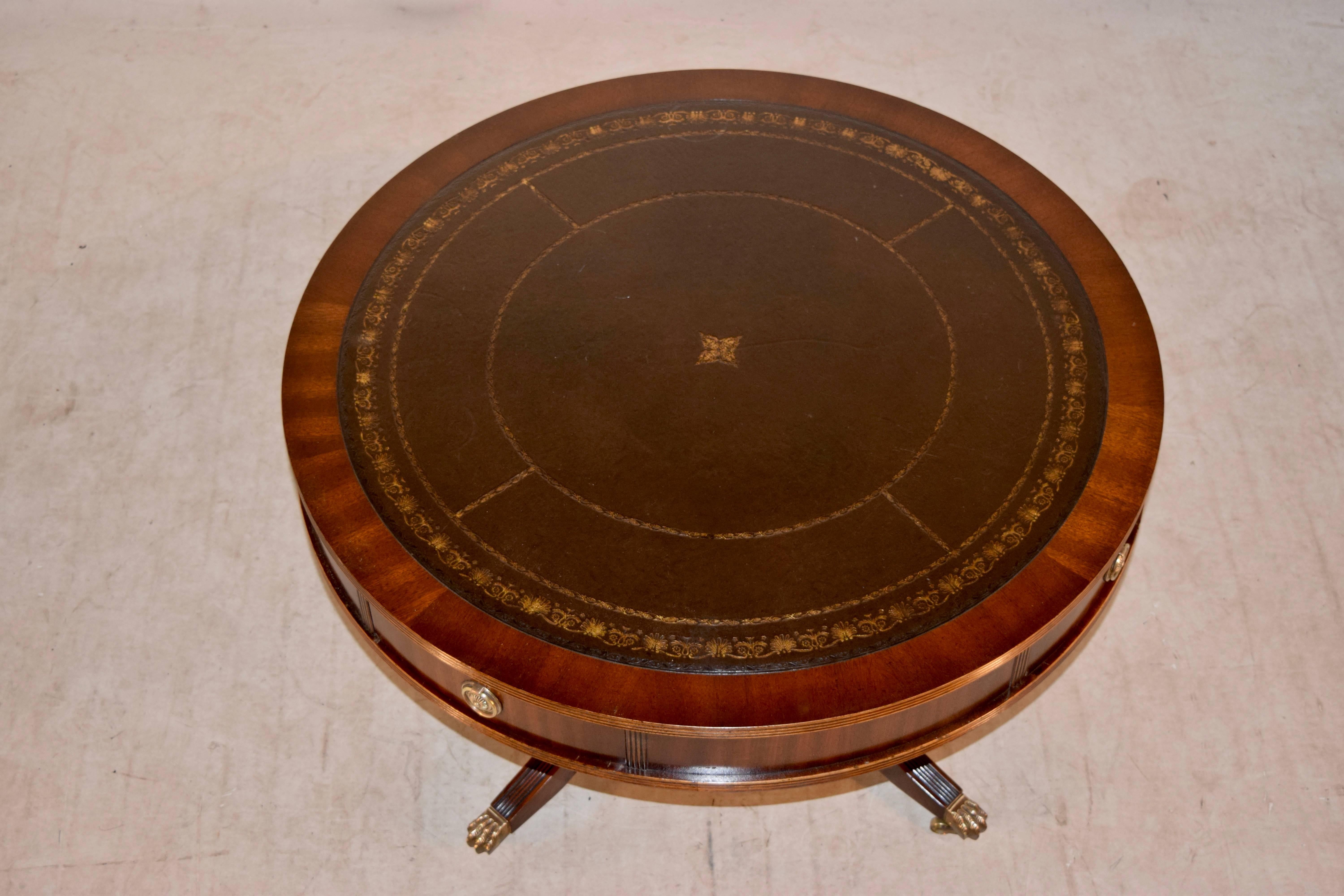 Mid-20th Century Mahogany Drum Coffee Table with Leather Top