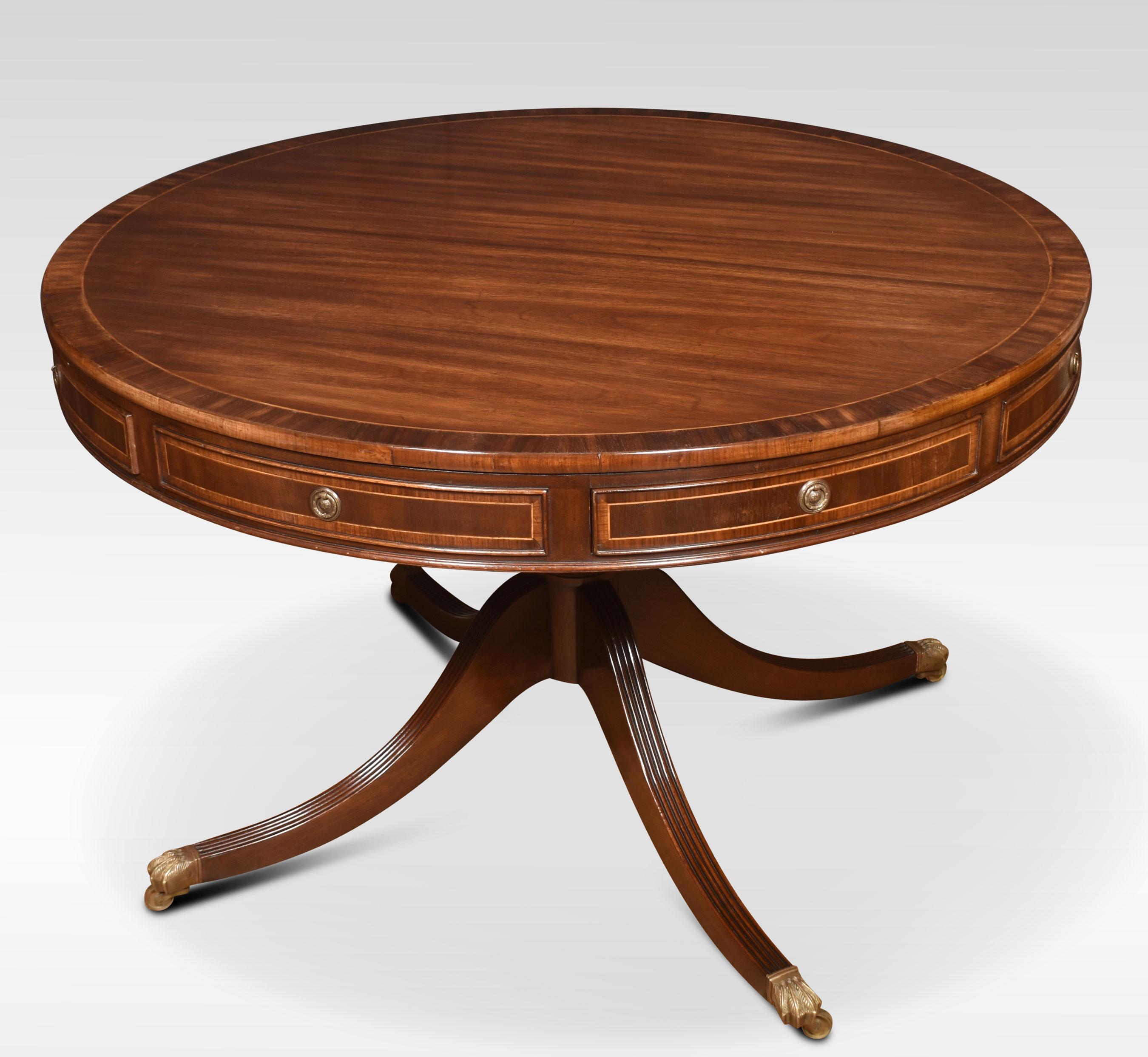 mahogany drum top library table, the well figured top with cross banded edge, above four frieze drawers and four false drawers, Raised up on splayed legs with brass caps and casters.
Dimensions
Height 31 inches
Width 48 inches
Depth 48 inches.