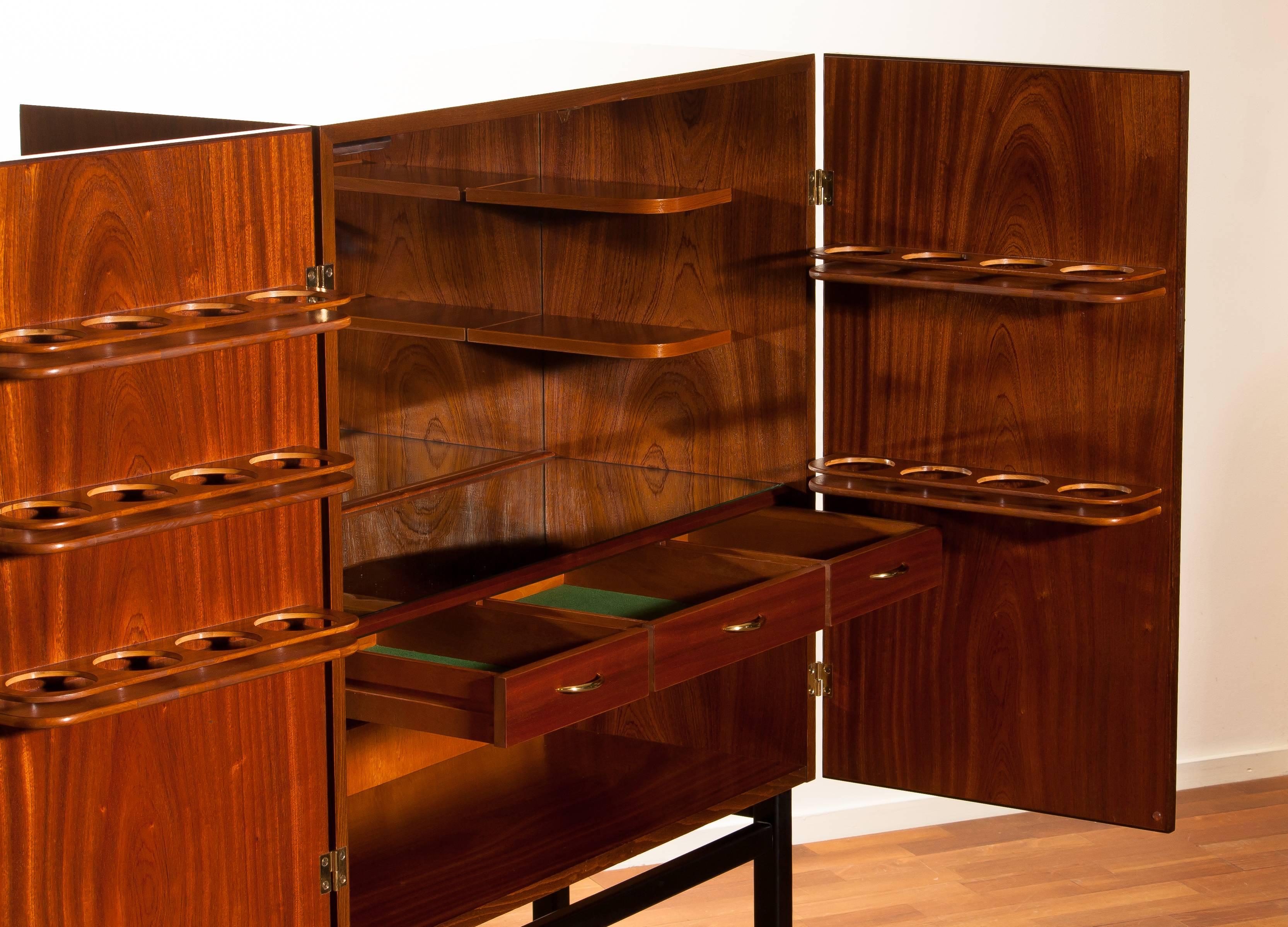 Mahogany Dry Bar Cabinet, Brass Details, High Black Skinny Legs Made by Förenade 3