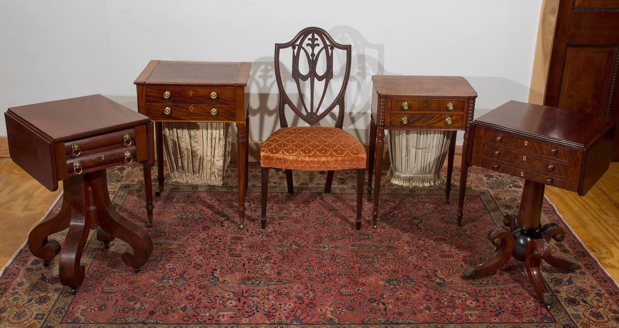 19th Century Mahogany Empire Two-Drawer Worktable with Scroll Feet, NE For Sale