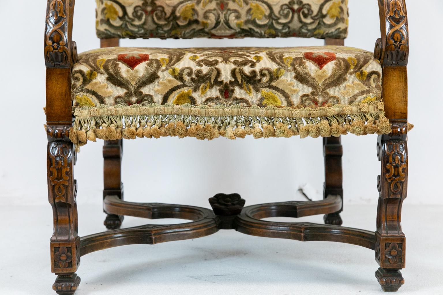 19th Century Mahogany English Carved Walnut Upholstered Crewel Work Armchair For Sale
