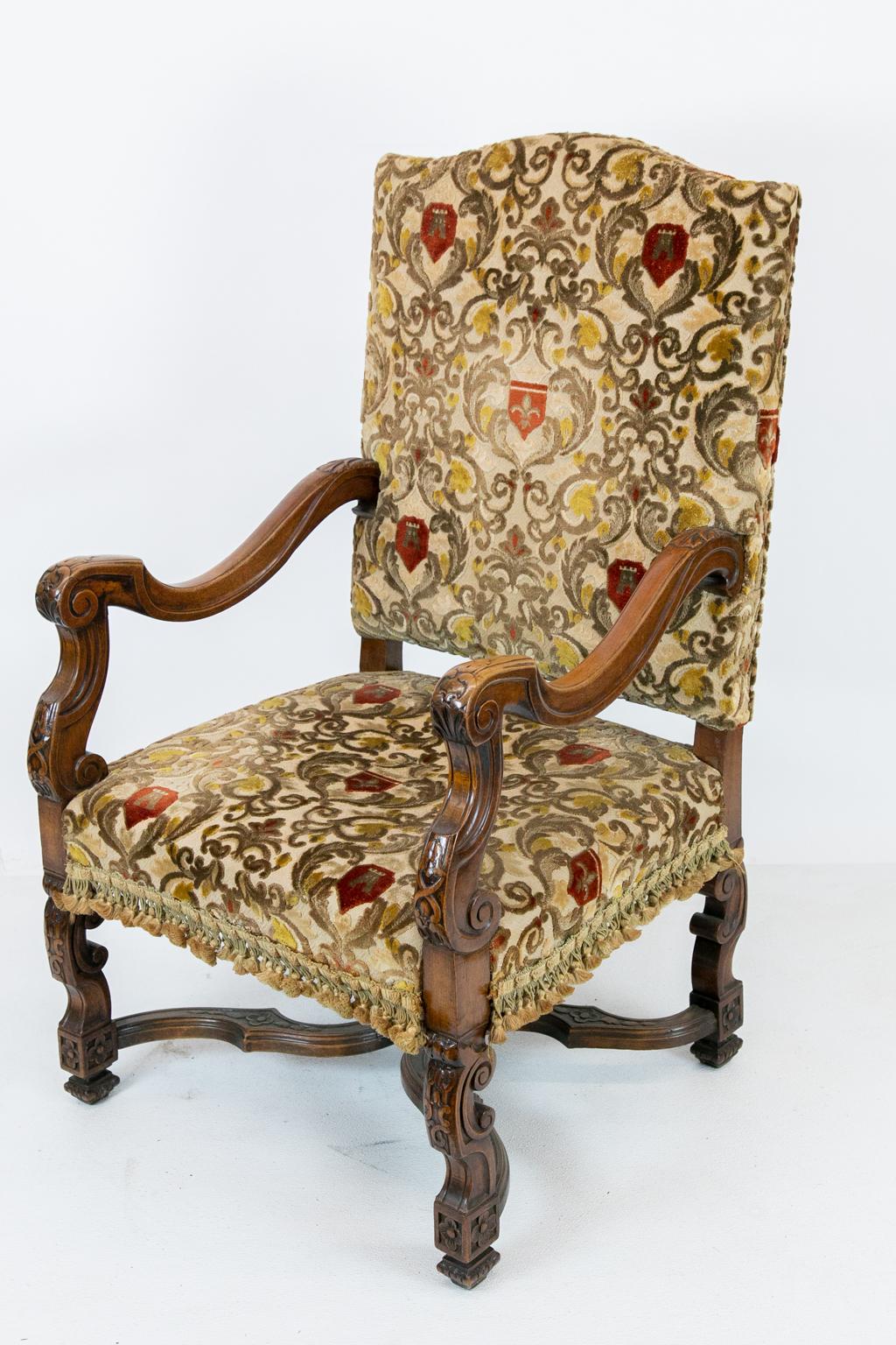 Upholstery Mahogany English Carved Walnut Upholstered Crewel Work Armchair For Sale