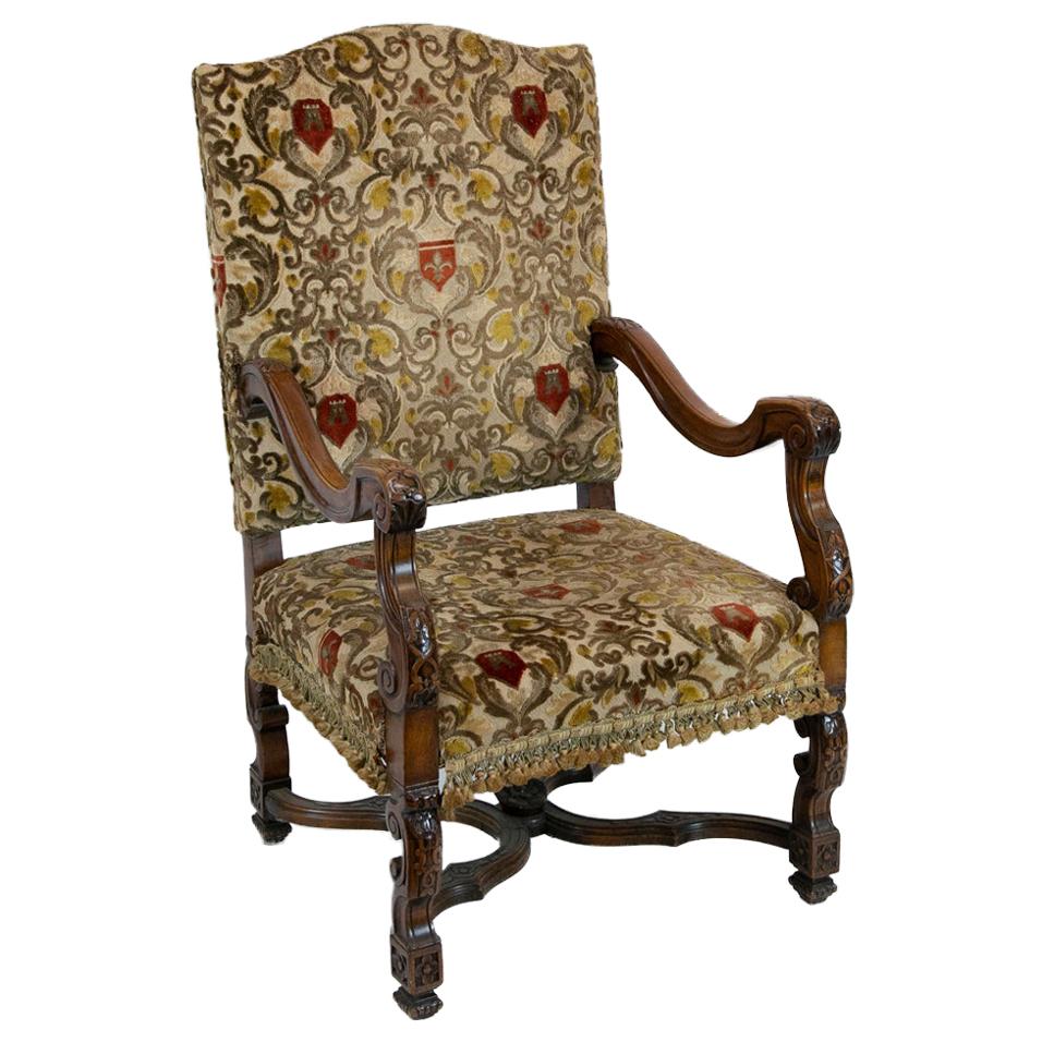 Mahogany English Carved Walnut Upholstered Crewel Work Armchair For Sale