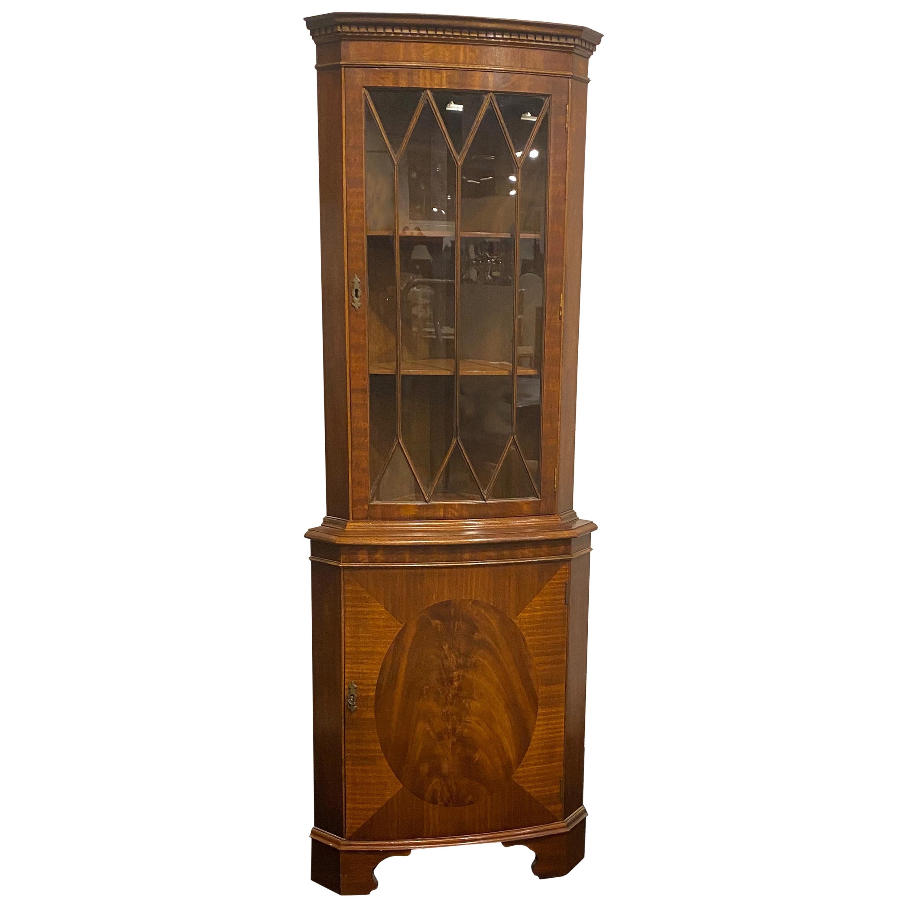 Mahogany English Corner Cabinet by Bevan Funnel, Reprodux, Curved Front Shape For Sale