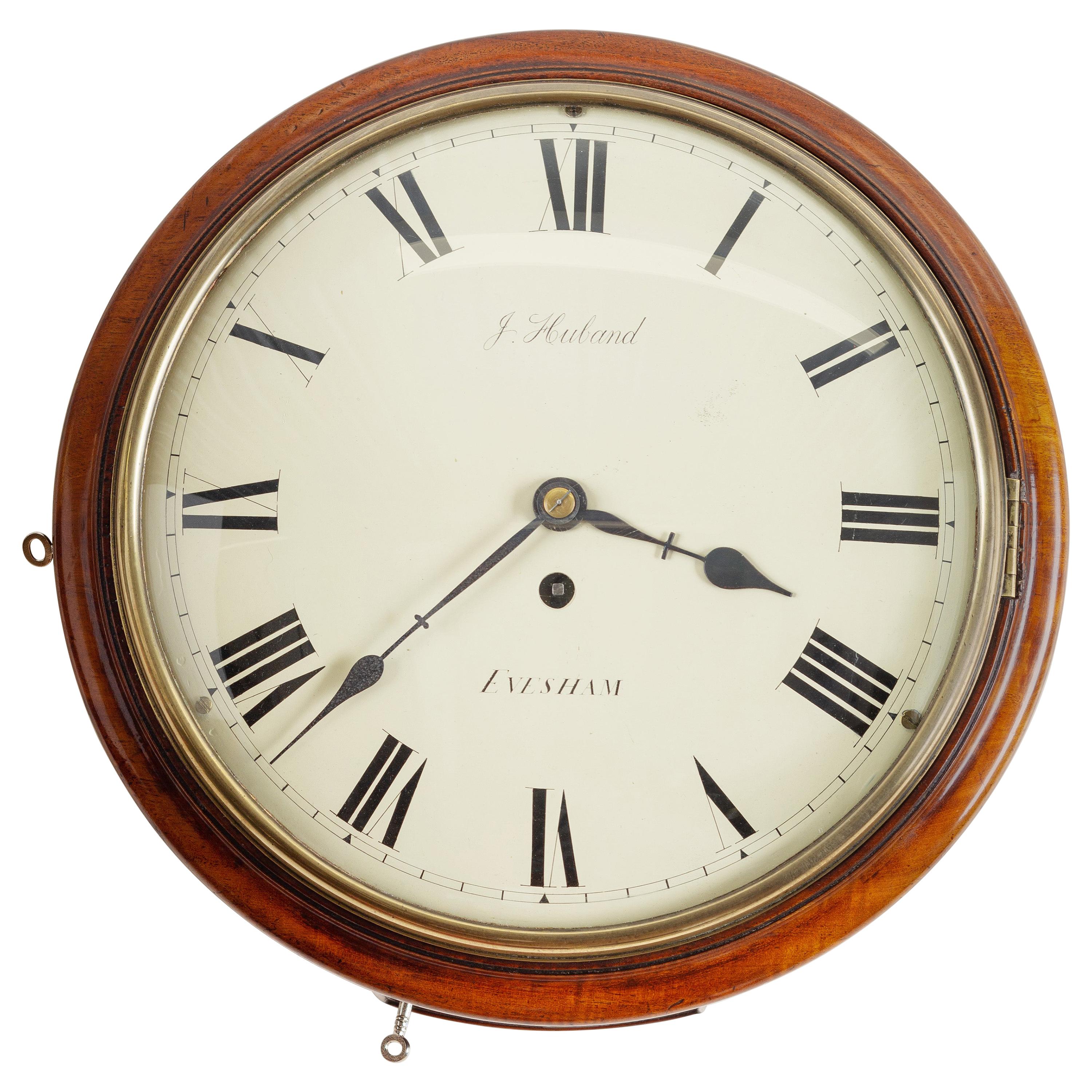 Mahogany English Fusee Round Dial Wall Clock by J.Huband, Evesham