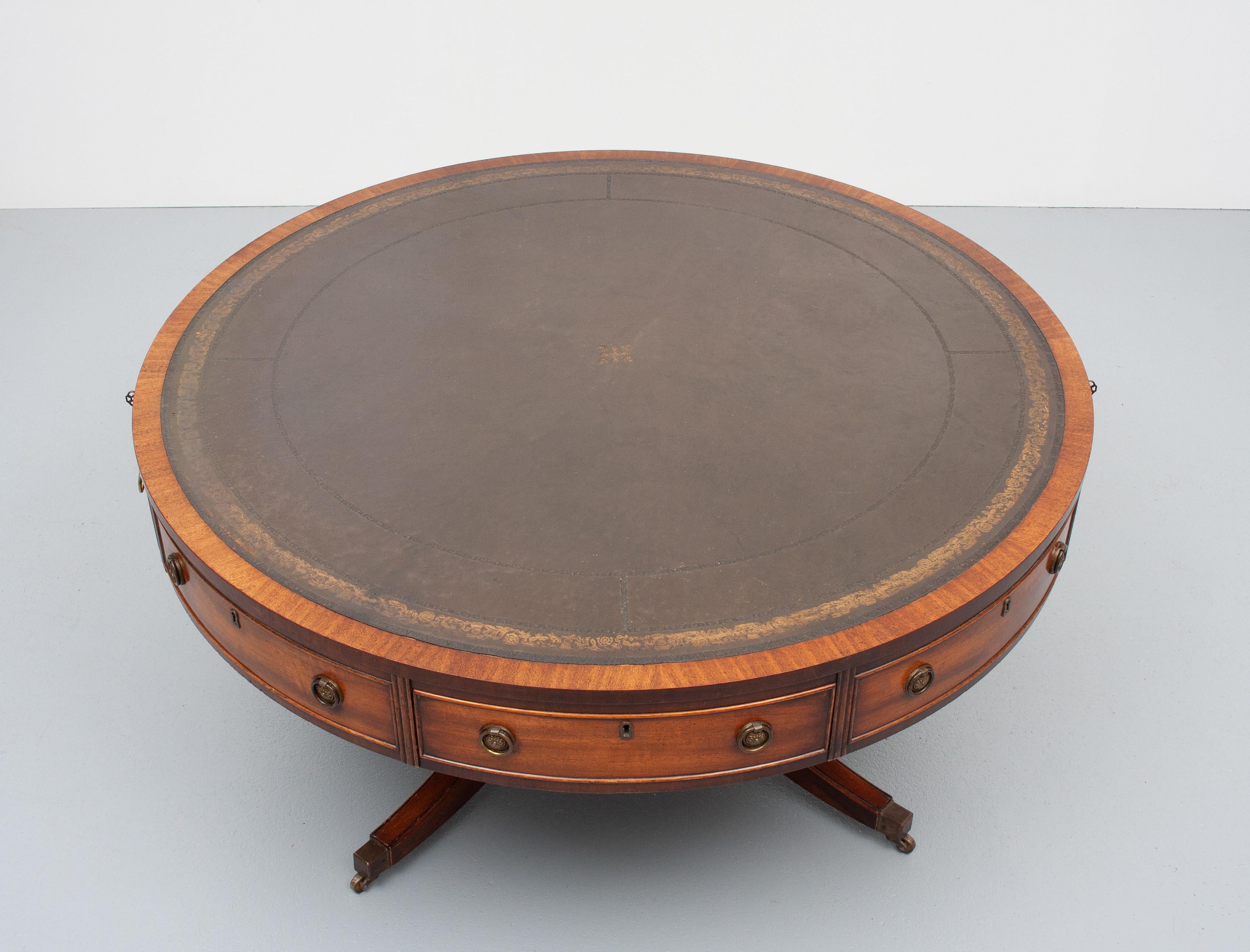 Georgian English Bevan Funell   Reprodux  Leather Top Drum Table