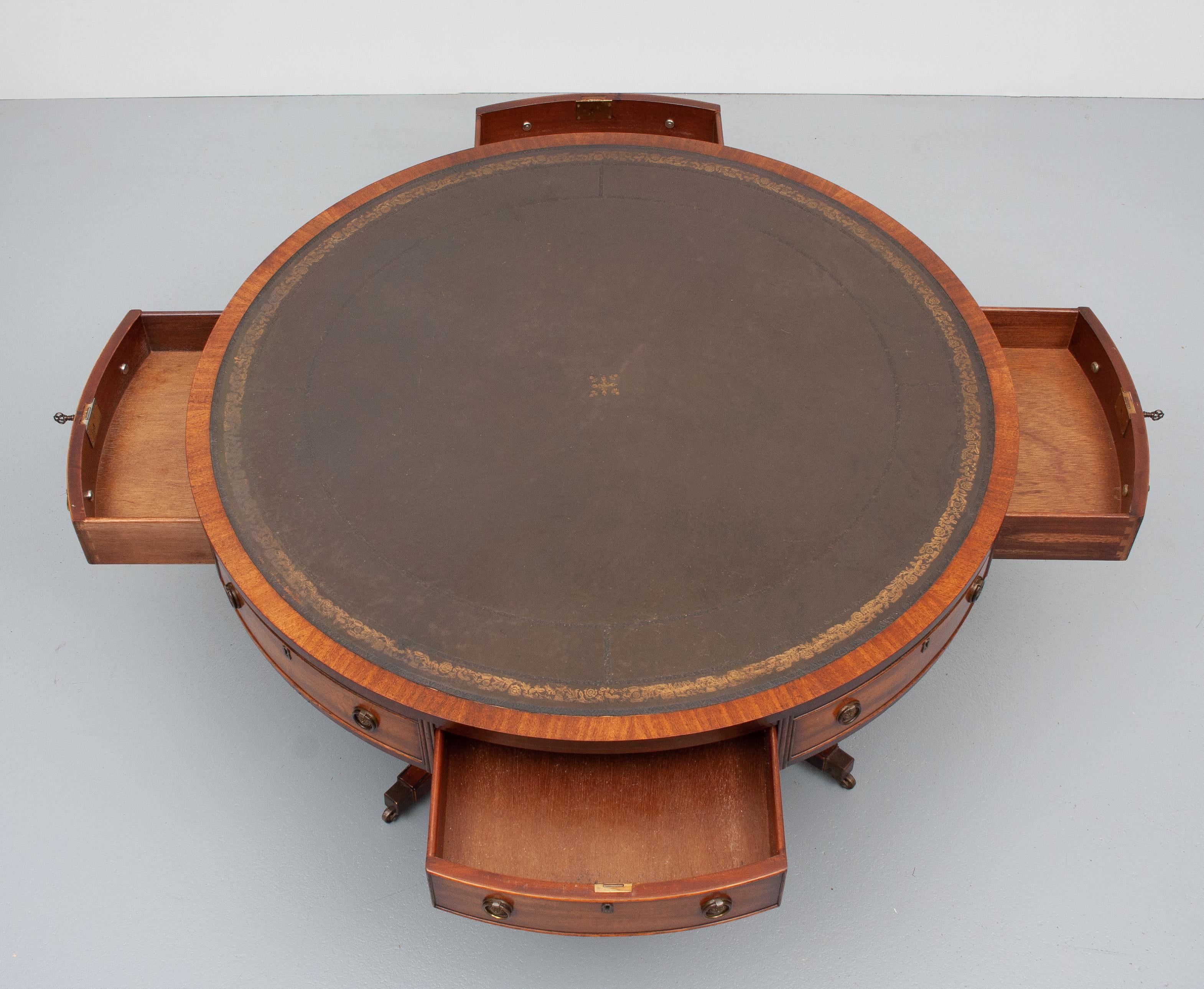 Mahogany English Bevan Funell   Reprodux  Leather Top Drum Table