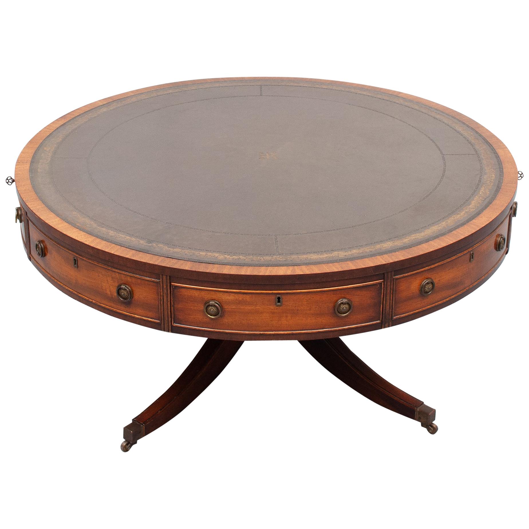 English Bevan Funell   Reprodux  Leather Top Drum Table