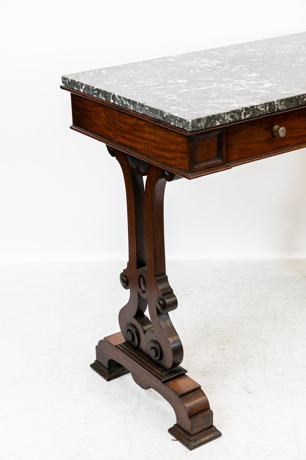 Brass Mahogany English Marble-Top Console Table For Sale