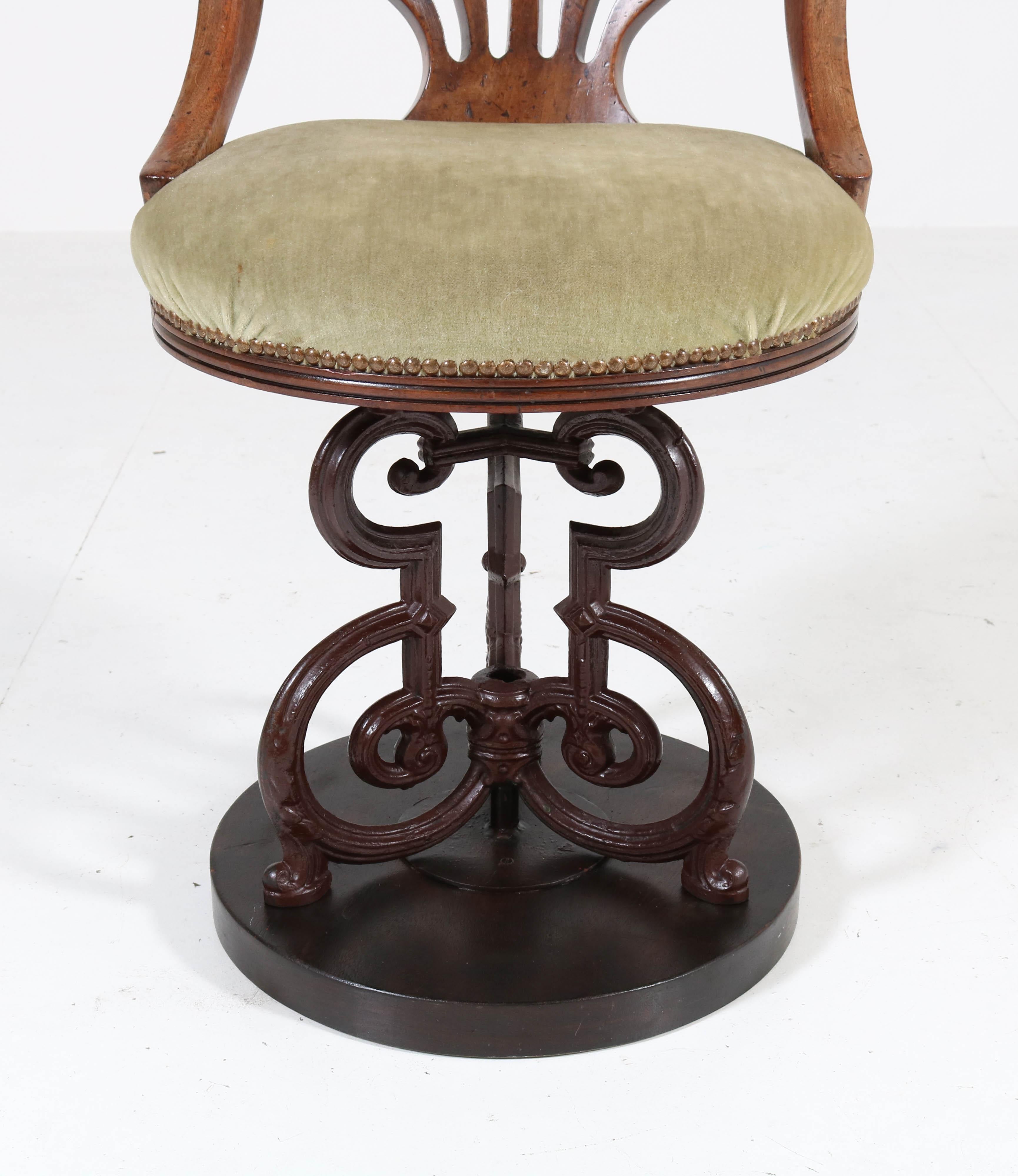 Velvet Mahogany English Nautical Captains Swivel Chair with Cast Iron Base, 1880s