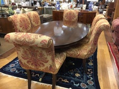 Mahogany English Oval Dining Room Table & Six Upholstered Parsons Chairs
