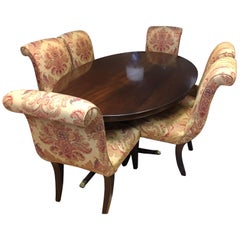 Antique Mahogany English Oval Dining Room Table & Six Upholstered Parsons Chairs