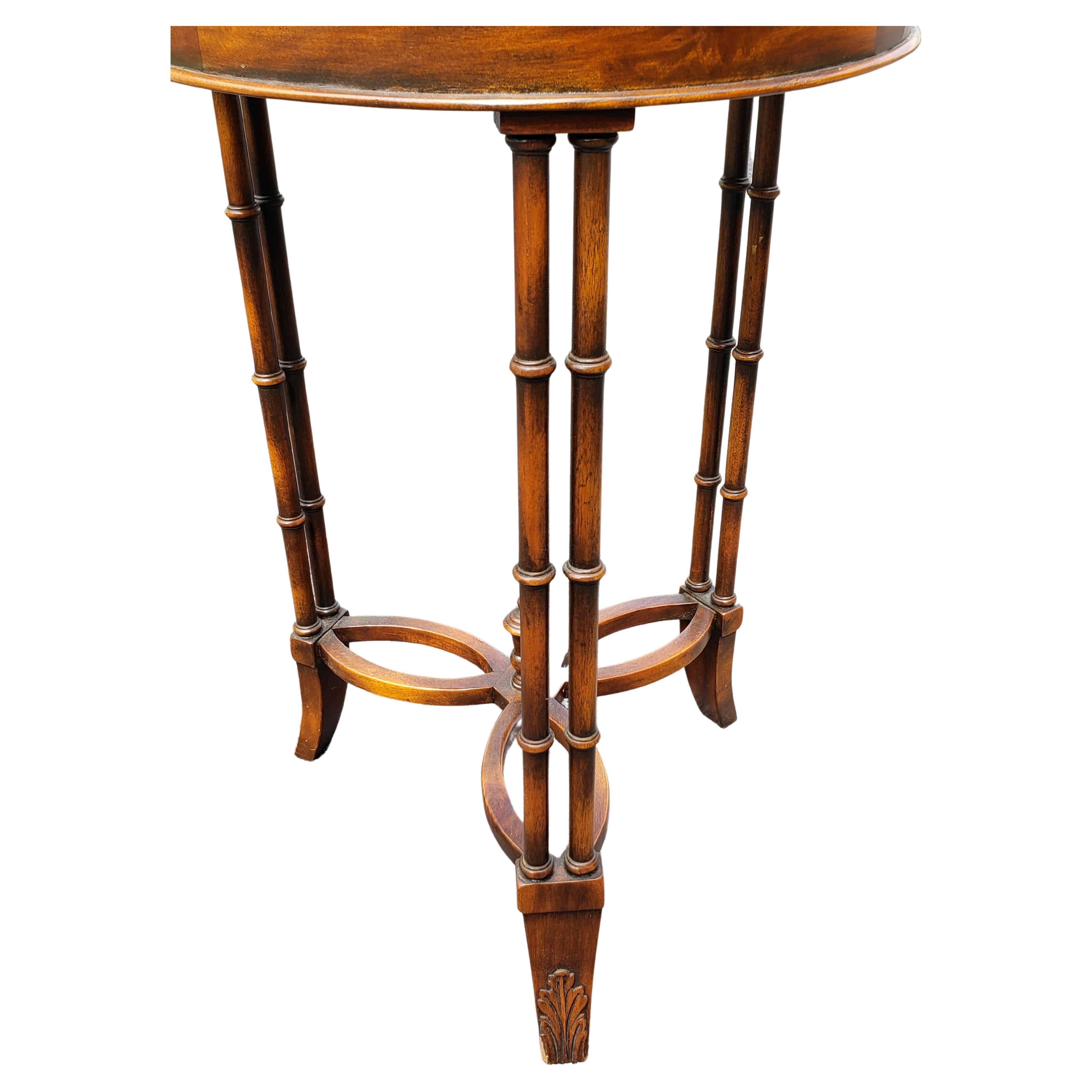 American Mahogany Faux Bamboo Galleried Leather Top Gueridon Side Table For Sale