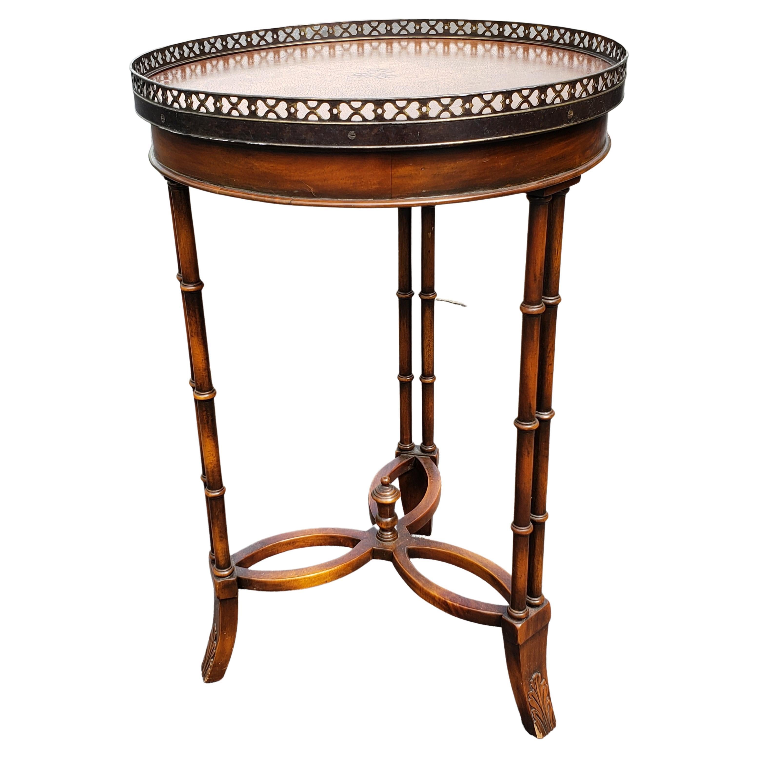 Mahogany Faux Bamboo Galleried Leather Top Gueridon Side Table For Sale