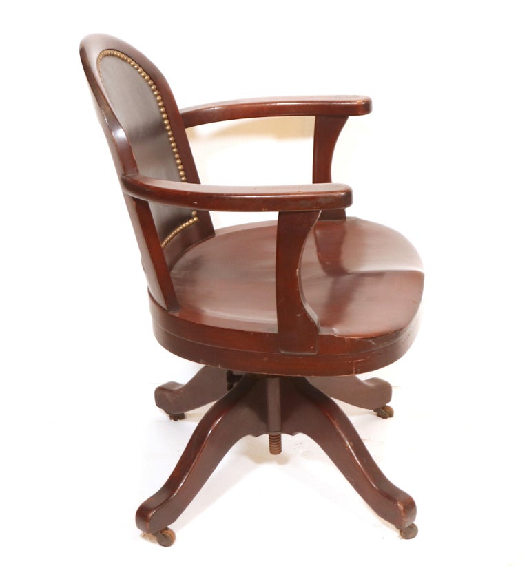 Mahogany Faux-Leather Studded Armchair Office Chair Rolling and Adjustable  For Sale at 1stDibs