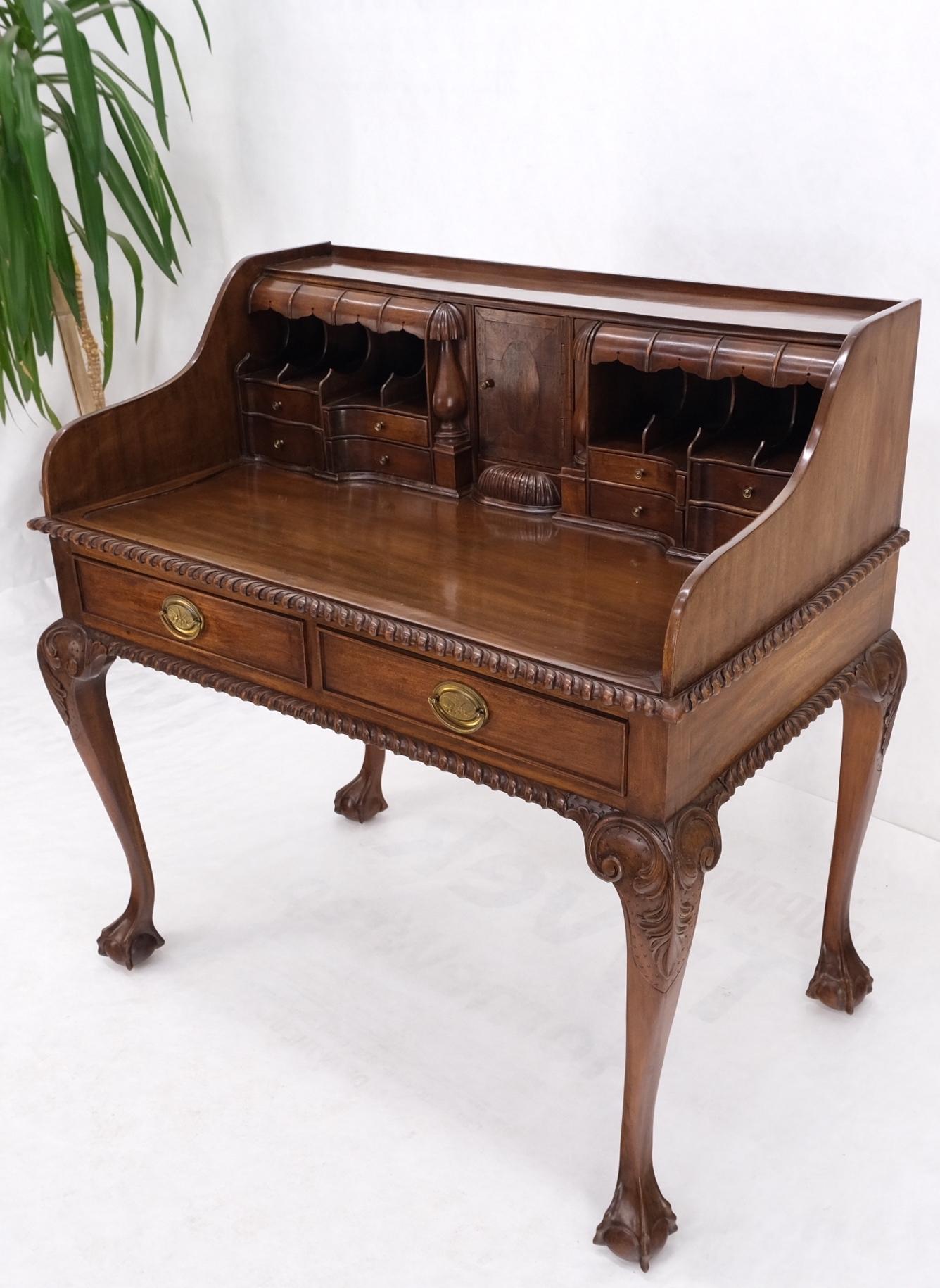 Mahoganyfinely carved ball & claw console writing table desk two drawers rope edge.