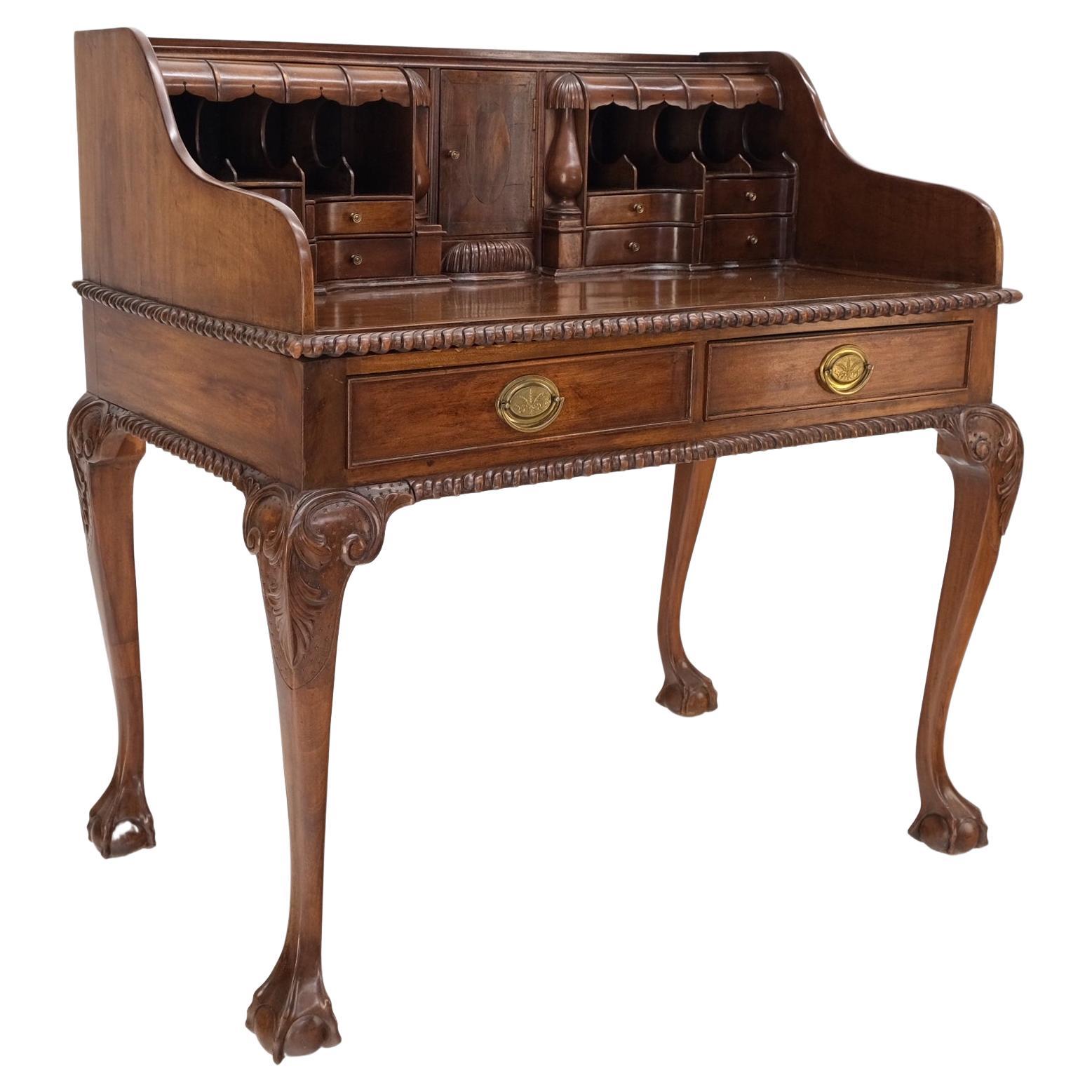 Mahogany Finely Carved Ball & Claw Console Writing Table Desk Two Drawers Rope  For Sale