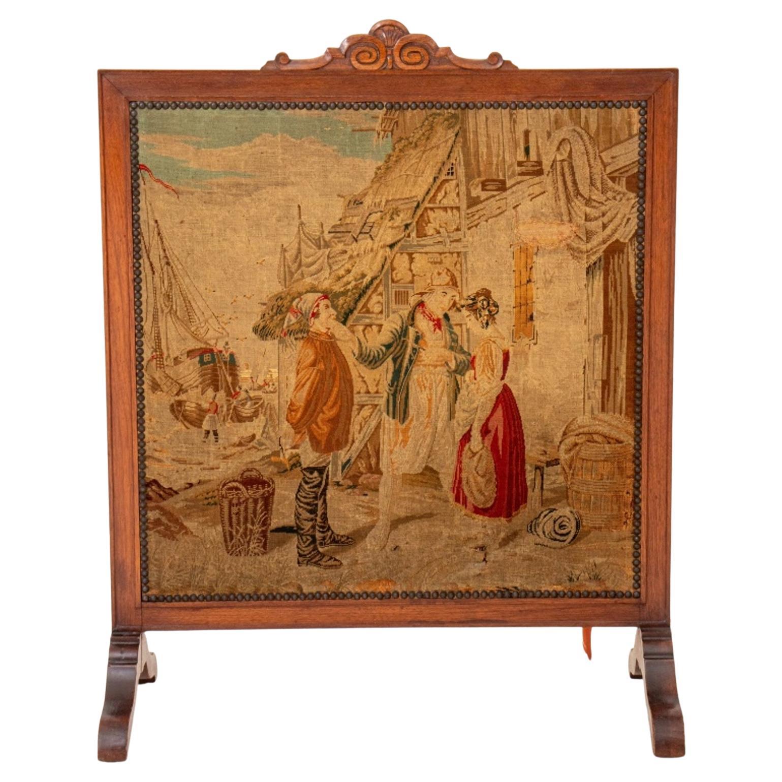 Pare-étincelles en acajou avec tapisserie 19ème siècle en vente