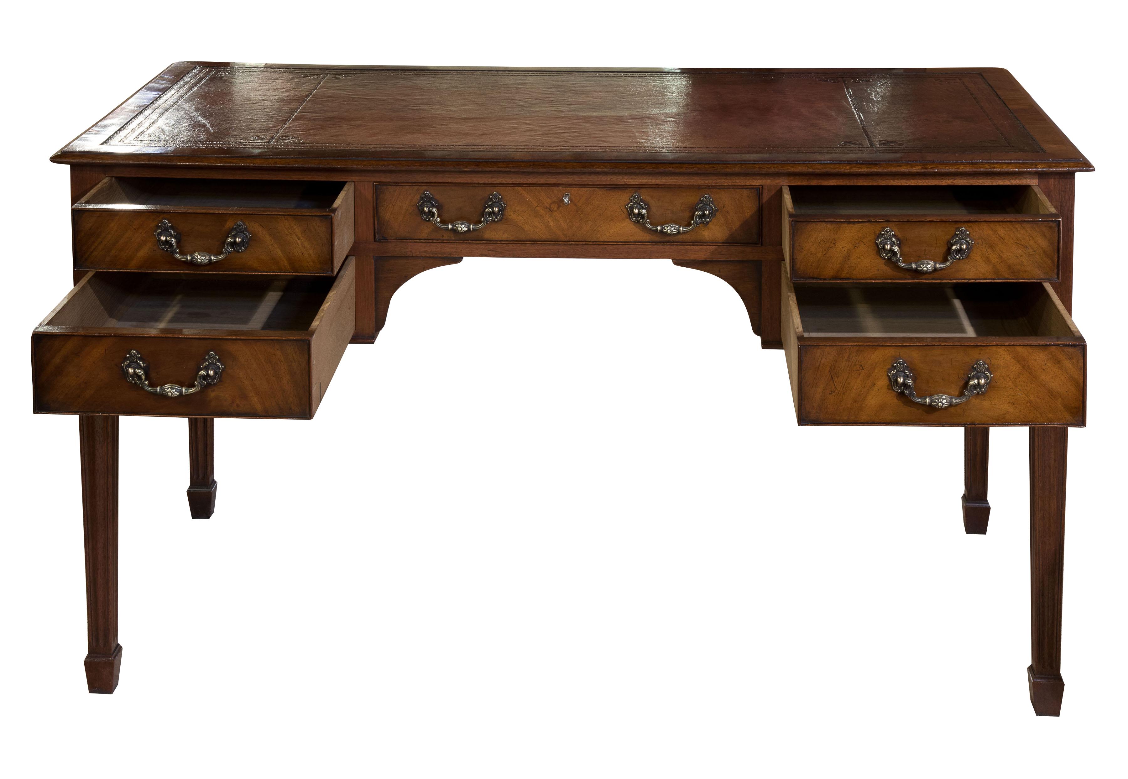 Late Victorian Mahogany Five-Drawer Writing Table with Antique Wine Leather Top, circa 1900