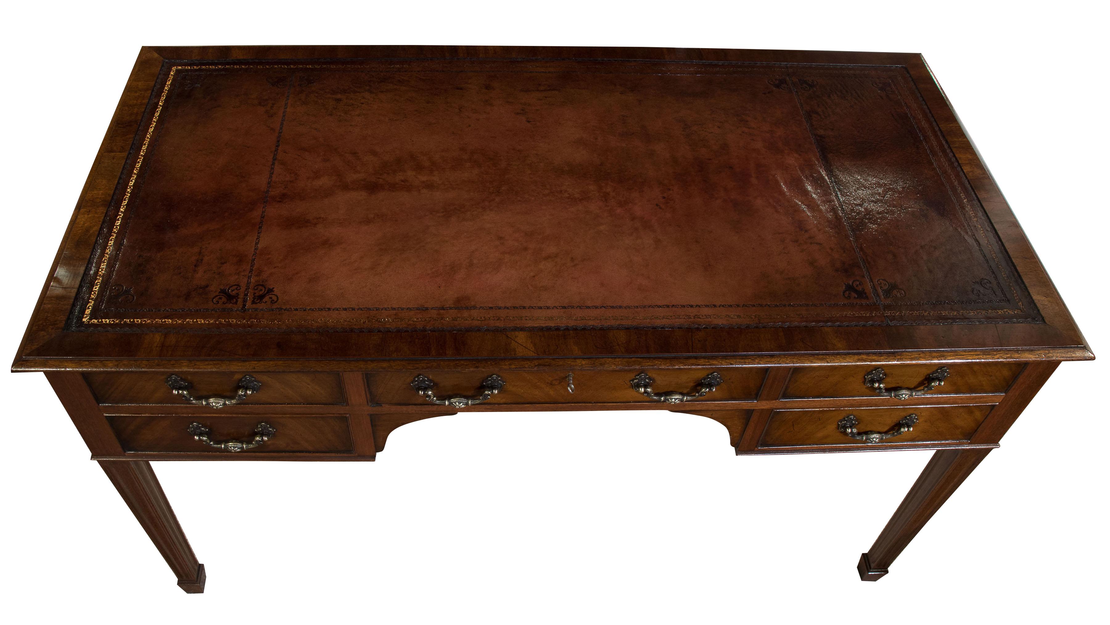 Mahogany Five-Drawer Writing Table with Antique Wine Leather Top, circa 1900 In Good Condition In Salisbury, GB