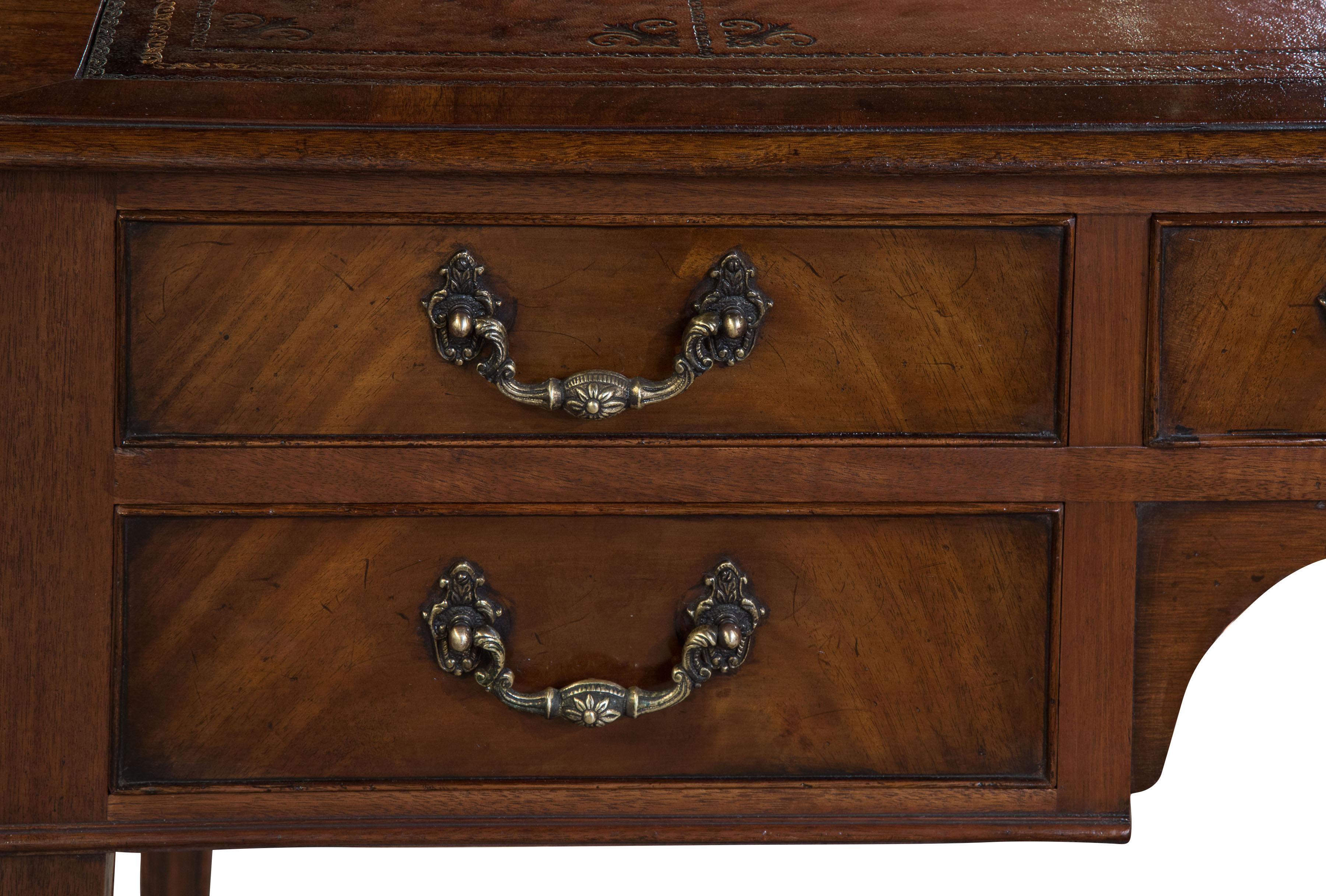Early 20th Century Mahogany Five-Drawer Writing Table with Antique Wine Leather Top, circa 1900