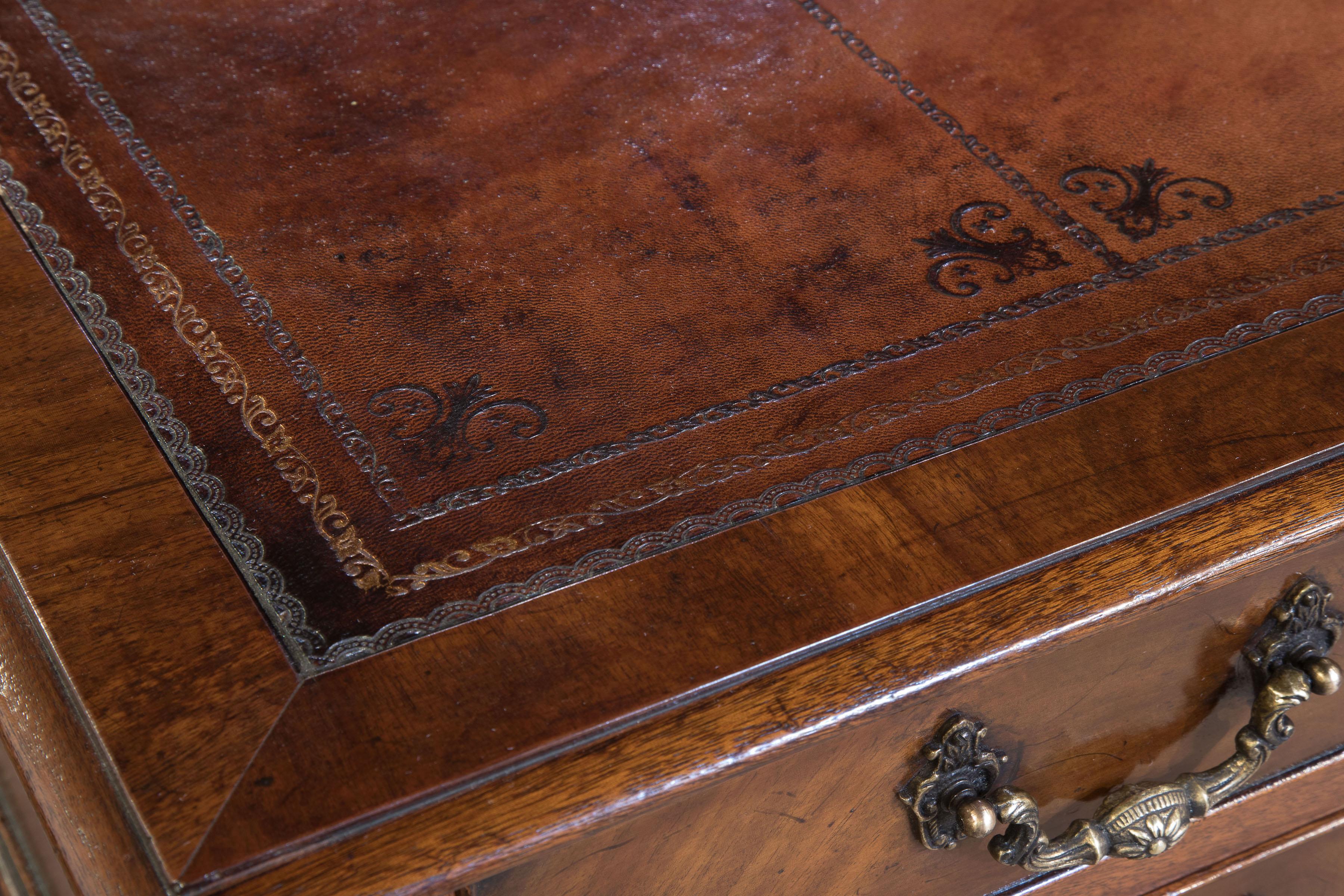 Mahogany Five-Drawer Writing Table with Antique Wine Leather Top, circa 1900 1
