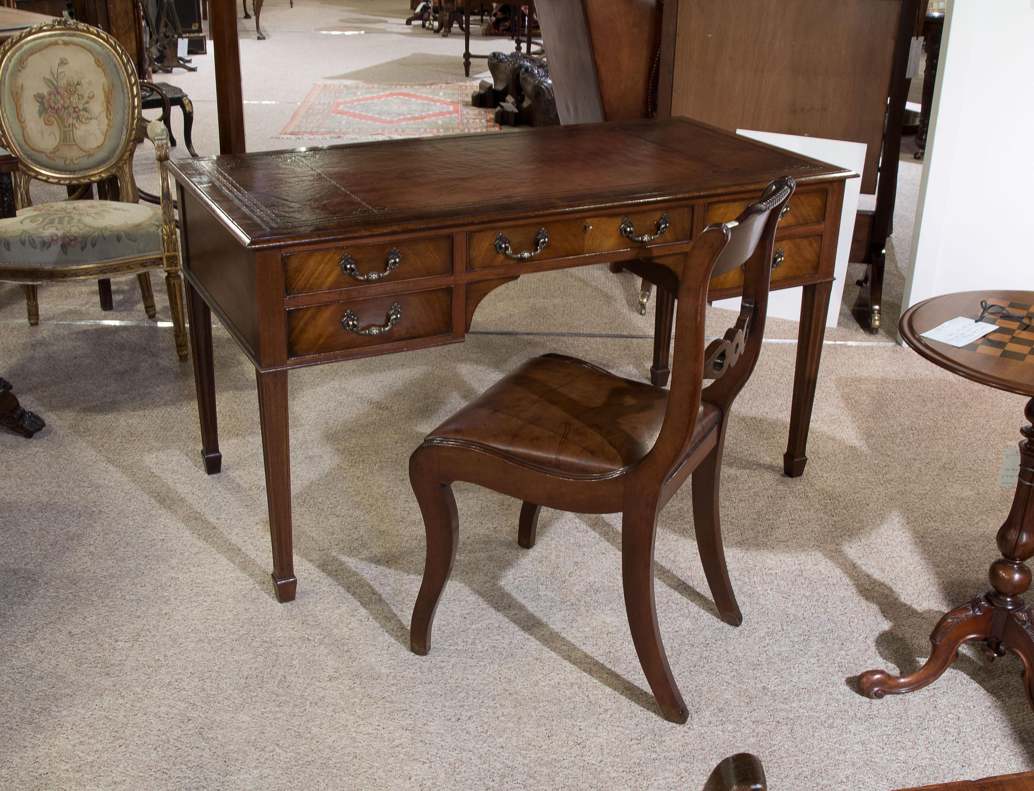Mahogany Five-Drawer Writing Table with Antique Wine Leather Top, circa 1900 3